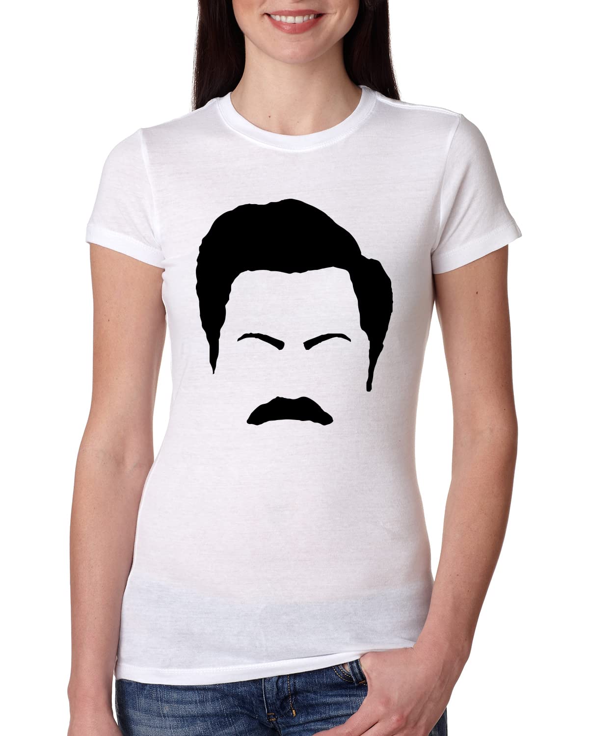 Ron Swanson Mustache Face Silhouette T-Shirt - Parks and Recreation Pop Culture Tee for Women | Slim Fit Junior Top for Casual Wear & Fan Gifts