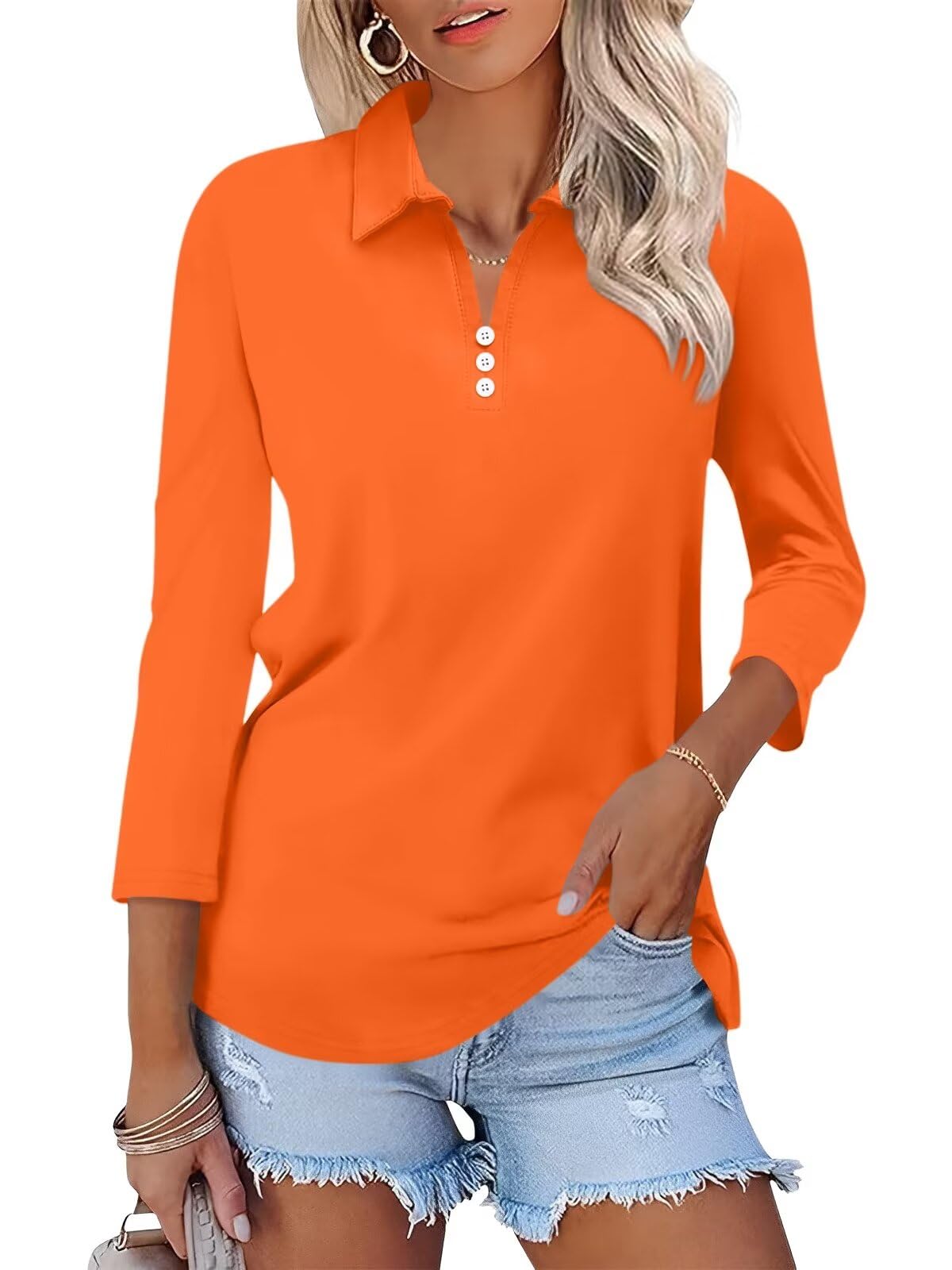 ORANDESIGNE Women's 3/4 Sleeve V-Neck Polo Shirt - Casual Summer Button Down Top - Breathable Cotton Tee for Work, Golf & Everyday Wear