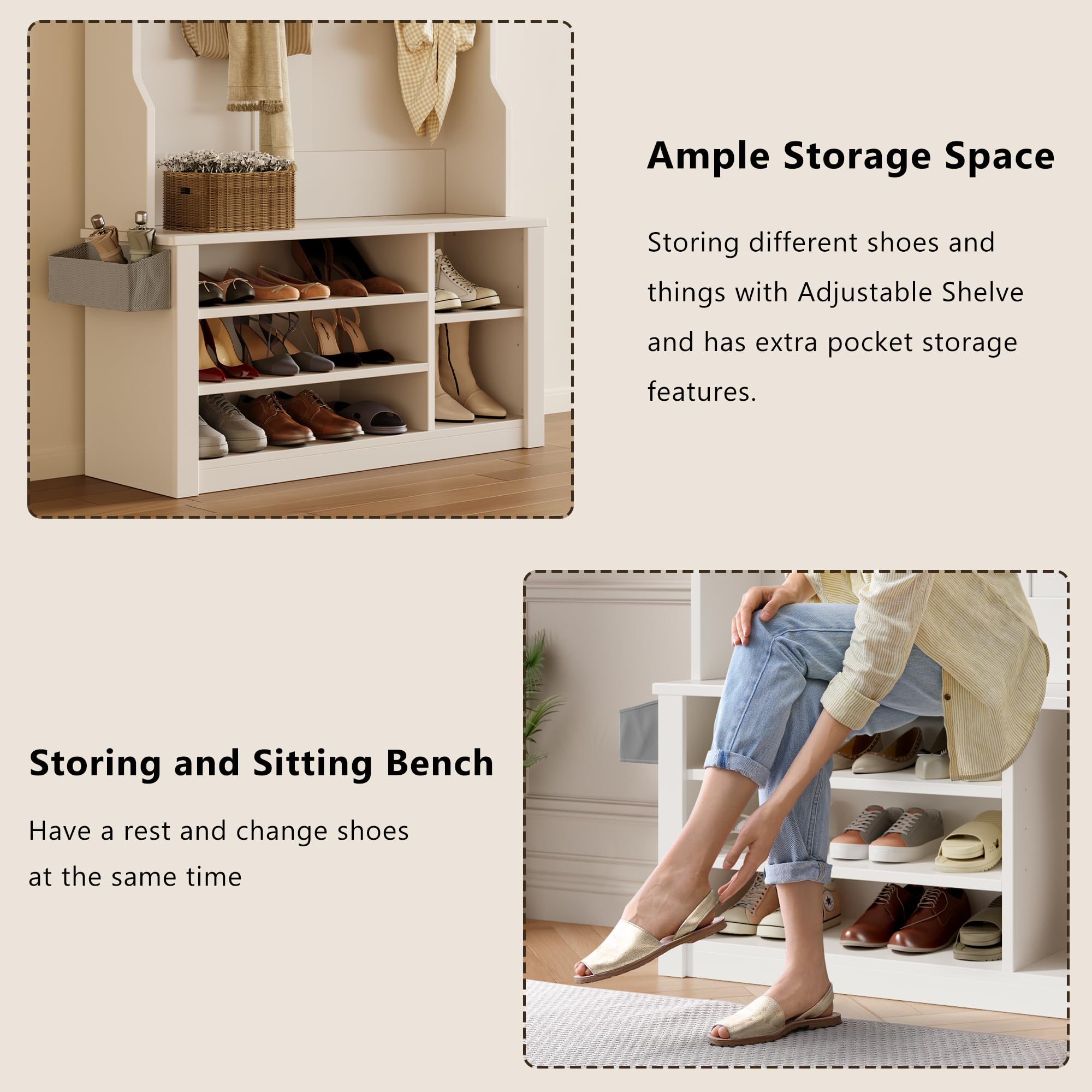 Aiho 3-in-1 Entryway Hall Tree with Bench, Coat Rack & Adjustable Shoe Storage | 2-Tier Top Shelf | White | Perfect for Organizing Entryways, Hallways & Mudrooms | Space-Saving Home Decor Solution