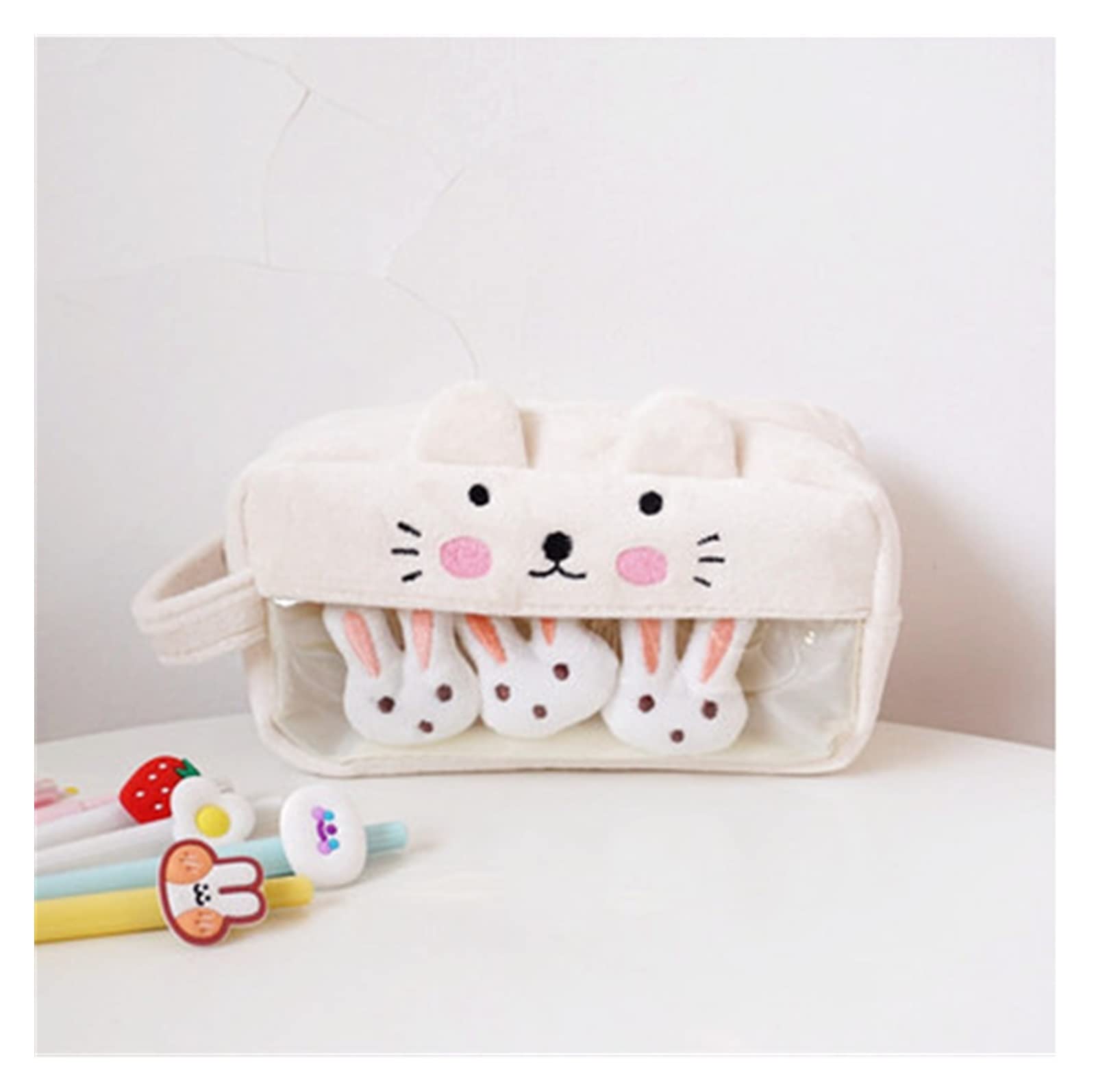 Cute Plush Rabbit Pencil Case - Large Capacity Stationery Organizer for School & Office | Hard Shell Pen Pouch, Student Pencil Box, Coin Purse (White) - Perfect for School Supplies, Work Essentials & Travel Accessories