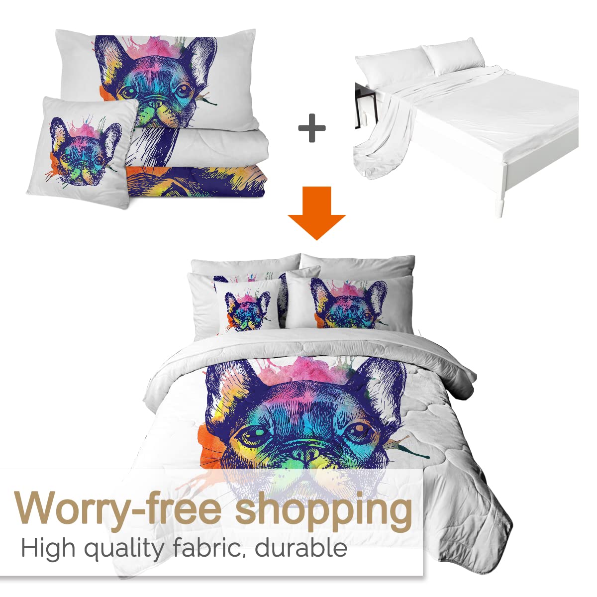 BlessLiving French Bulldog Print 8-Piece King Size Bedding Set - Comforter, Shams, Sheets & Cushion Cover | Abstract Dog Pattern Bed in A Bag | Perfect for Pet Lovers' Bedroom & Guest Room Decor