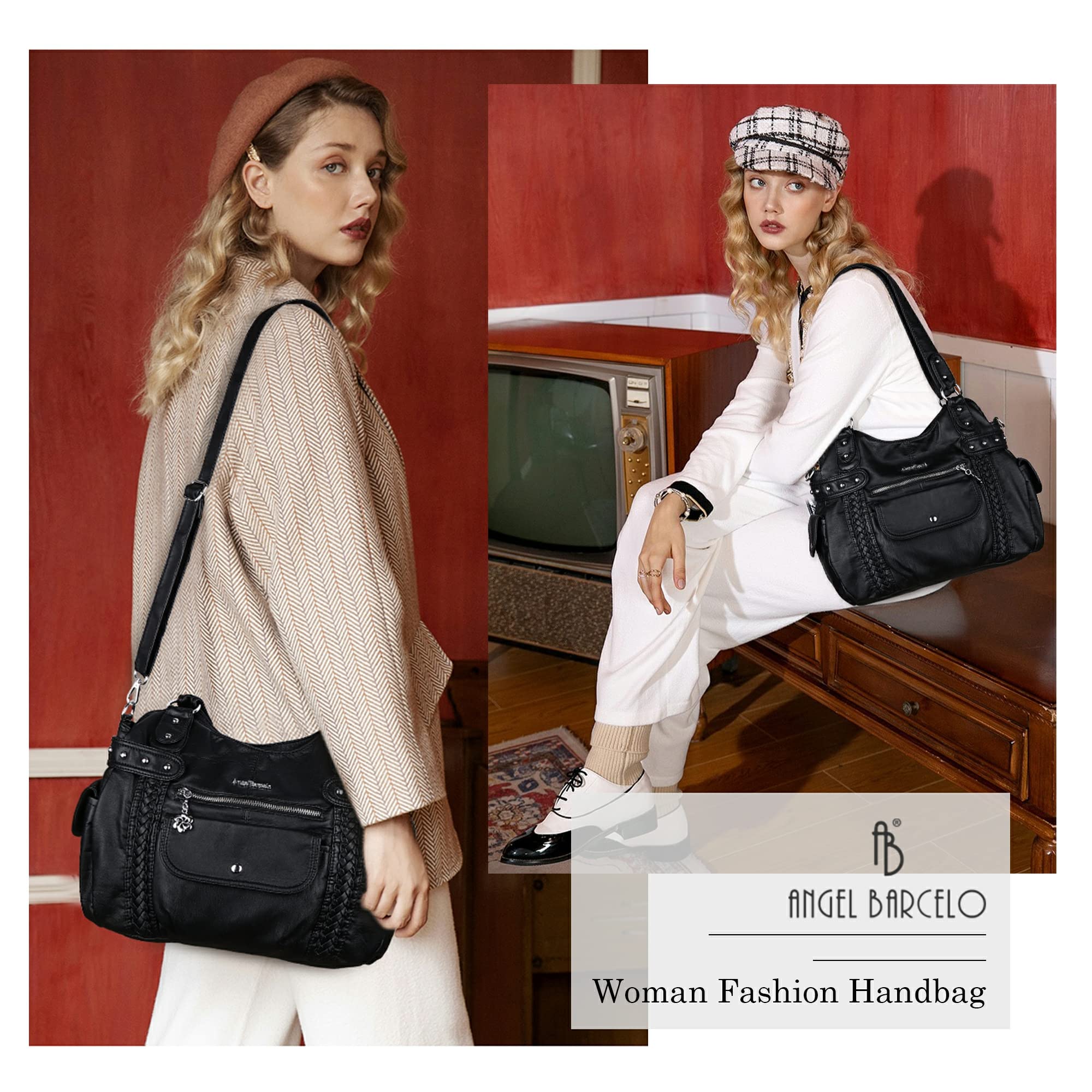 Angel Barcelo Women's Roomy Fashion Hobo Handbag - Washed Leather Satchel Shoulder Bag & Tote Purse for Work, Travel & Everyday Use