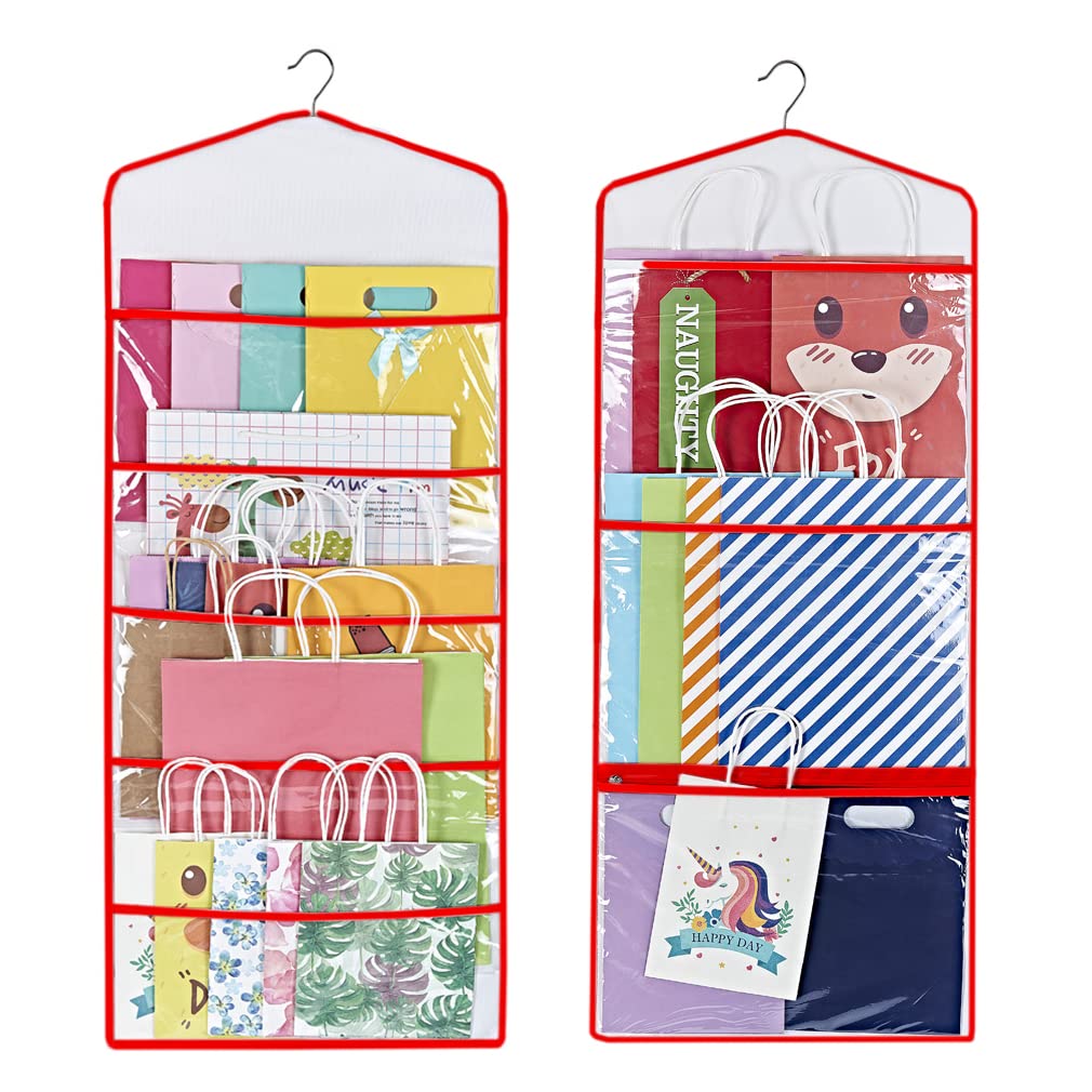 ProPik Hanging Gift Bag Storage Organizer - 38 x 16 Inch PVC Gift Wrap & Tissue Paper Holder (Red) - Perfect for Holiday Wrapping, Birthday Party Supplies & Craft Room Organization