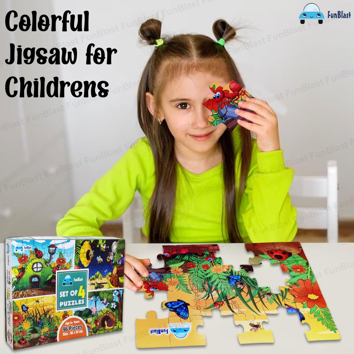 FunBlast Kids Jigsaw Puzzles - 4 Pack Educational Floor Puzzles (30x22cm) with Insects Theme, 96 Pieces Total - Learning Toys for Toddlers & Children | Perfect for Classroom, Birthday Gifts & Family Game Night