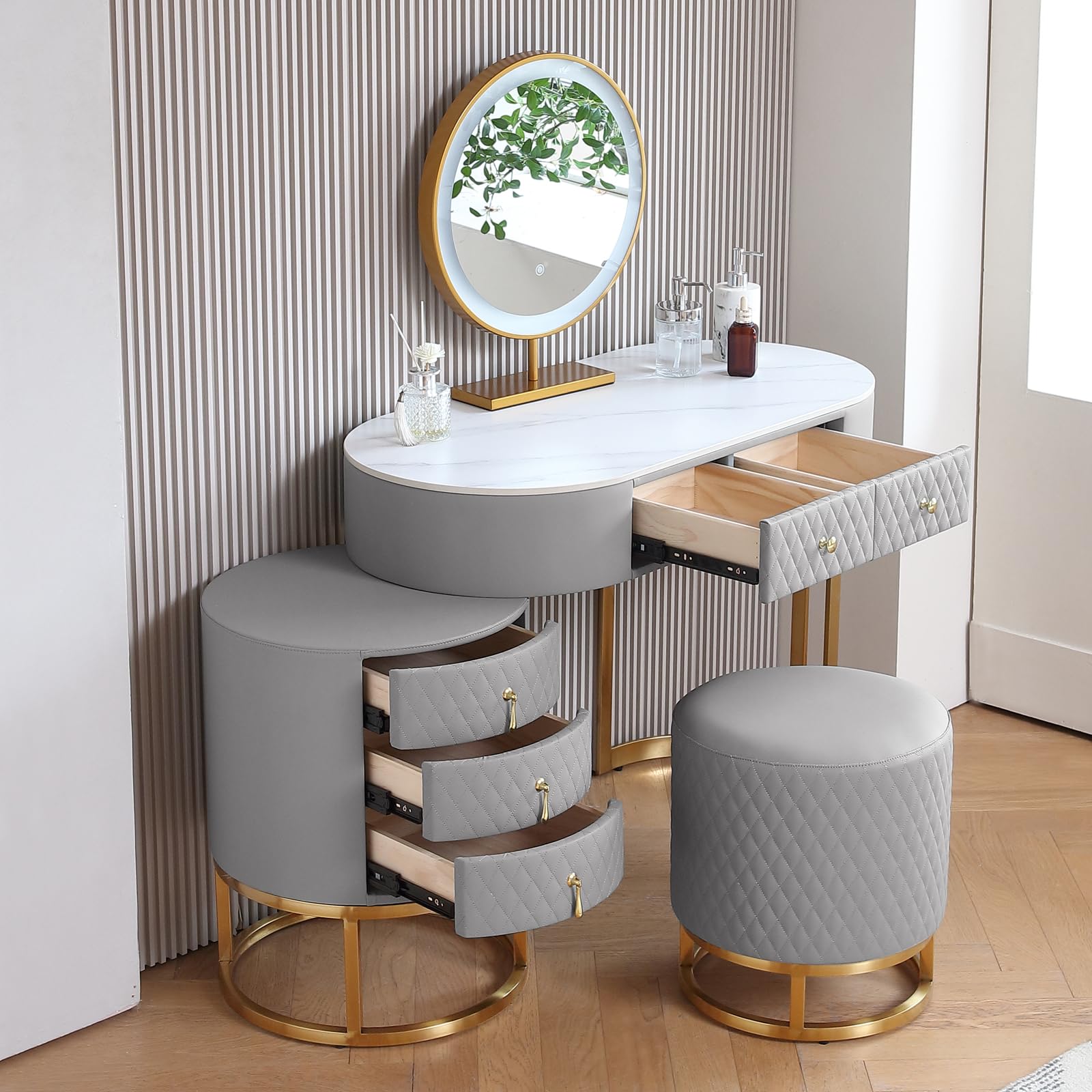 Luxury Faux Leather Vanity Desk Set with LED Mirror & Stool - Perfect for Makeup & Dressing Room
