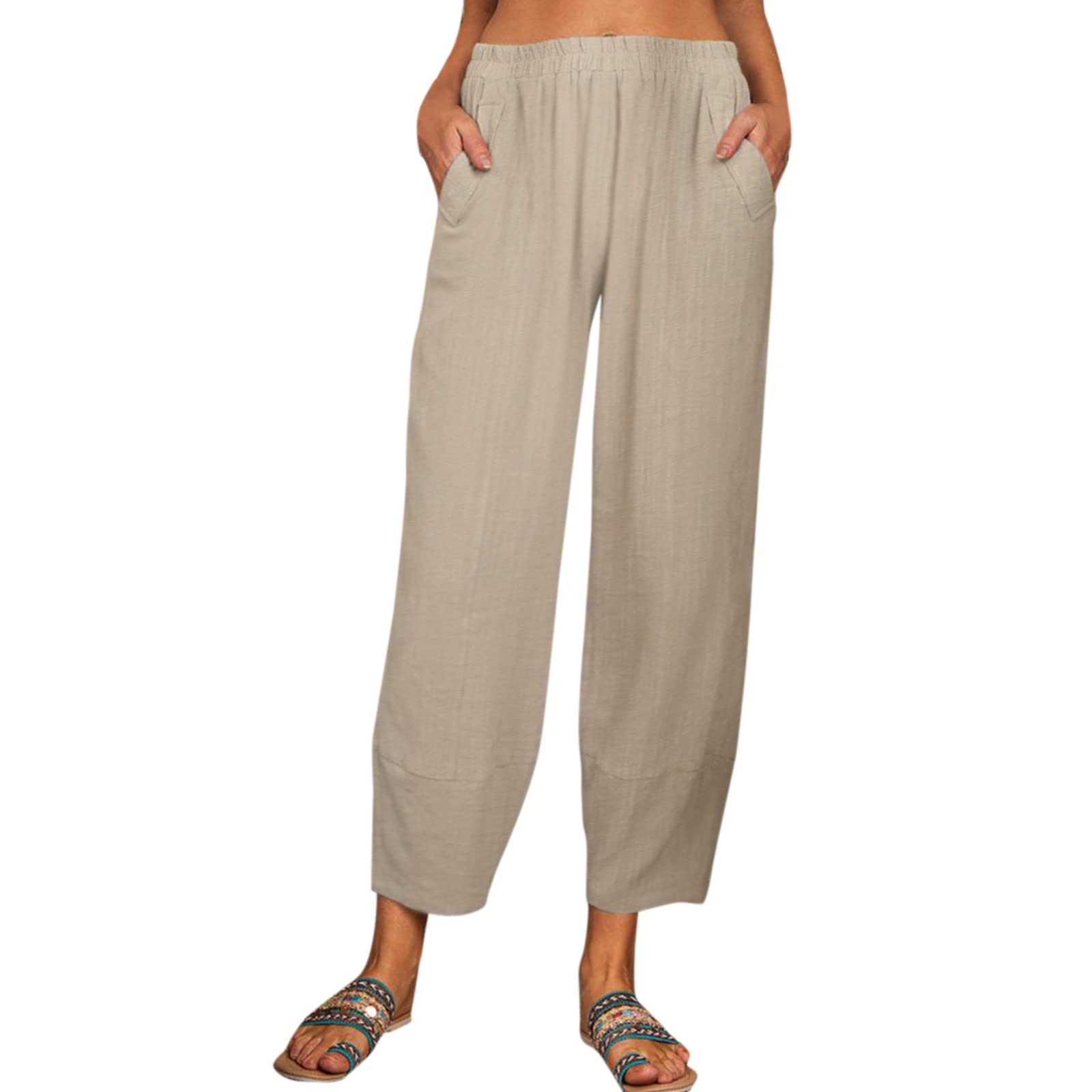 Women's Soft Cropped Beach Pants - Solid Color Linen Summer Pants with Loose Pockets & Elastic Waist | Perfect for Vacation, Yoga, and Casual Outings