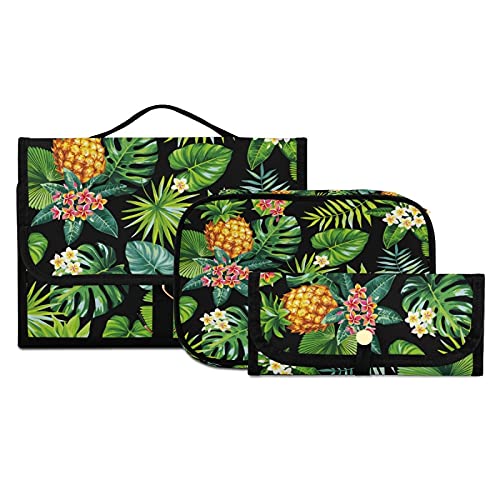 MNSRUU Hanging Travel Toiletry Bag Set - 3 PCS Clear Makeup Organizer with Tropical Hawaiian Pineapple & Palm Leaf Design | Perfect for Vacation, Beach Trips & Cosmetic Storage