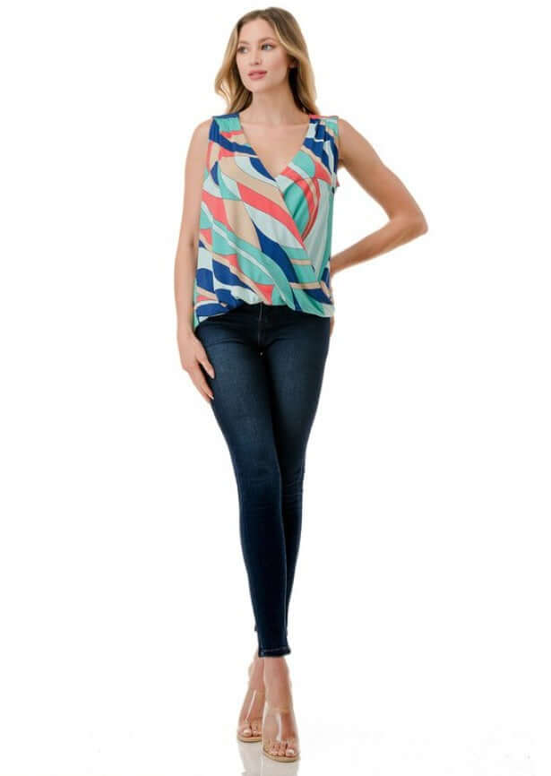 Abstract Colorful Printed Surplice Top - Women's Fashion Blouse - Made in USA - Perfect for Casual Outings, Parties & Summer Vacations