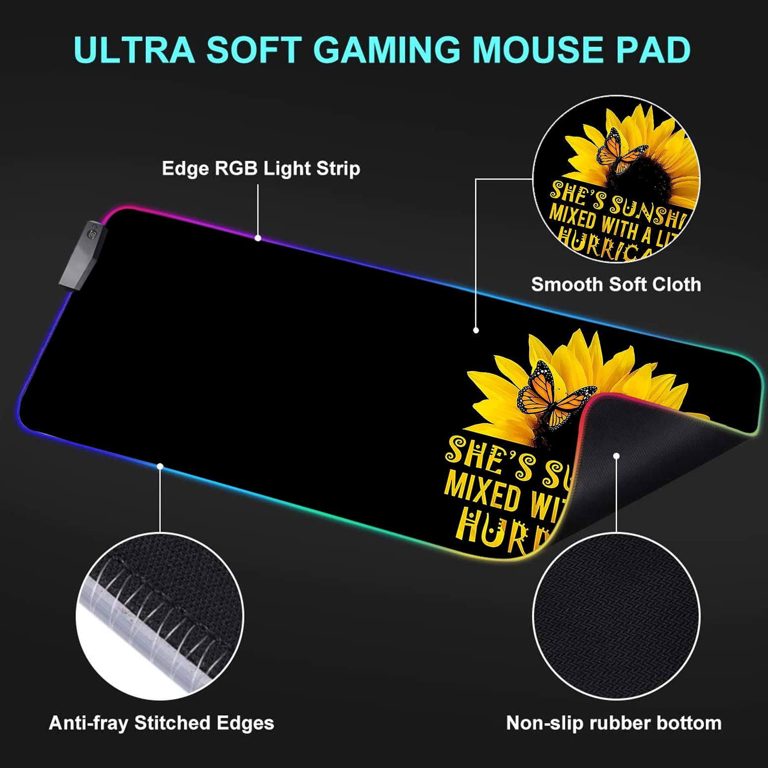 RGB Gaming Mouse Pad with LED Lights - Large Non-Slip Desk Mat for Keyboard & Mouse | Waterproof Optical Surface | Perfect for PC Gaming, Office Work & Home Decor (Sunflower & Butterfly Design)