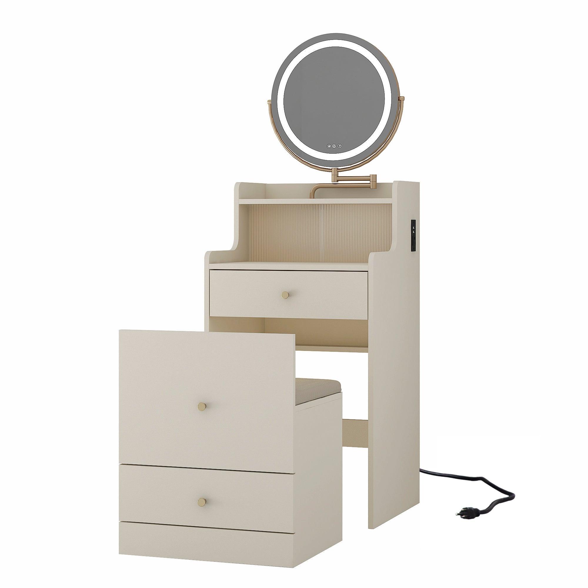 3 in 1 Vanity Desk with LED Mirror, 3 Drawers & Upholstered Stool - Compact Makeup Dressing Table with Lights for Bedroom, Bathroom & Dorm Room Organization