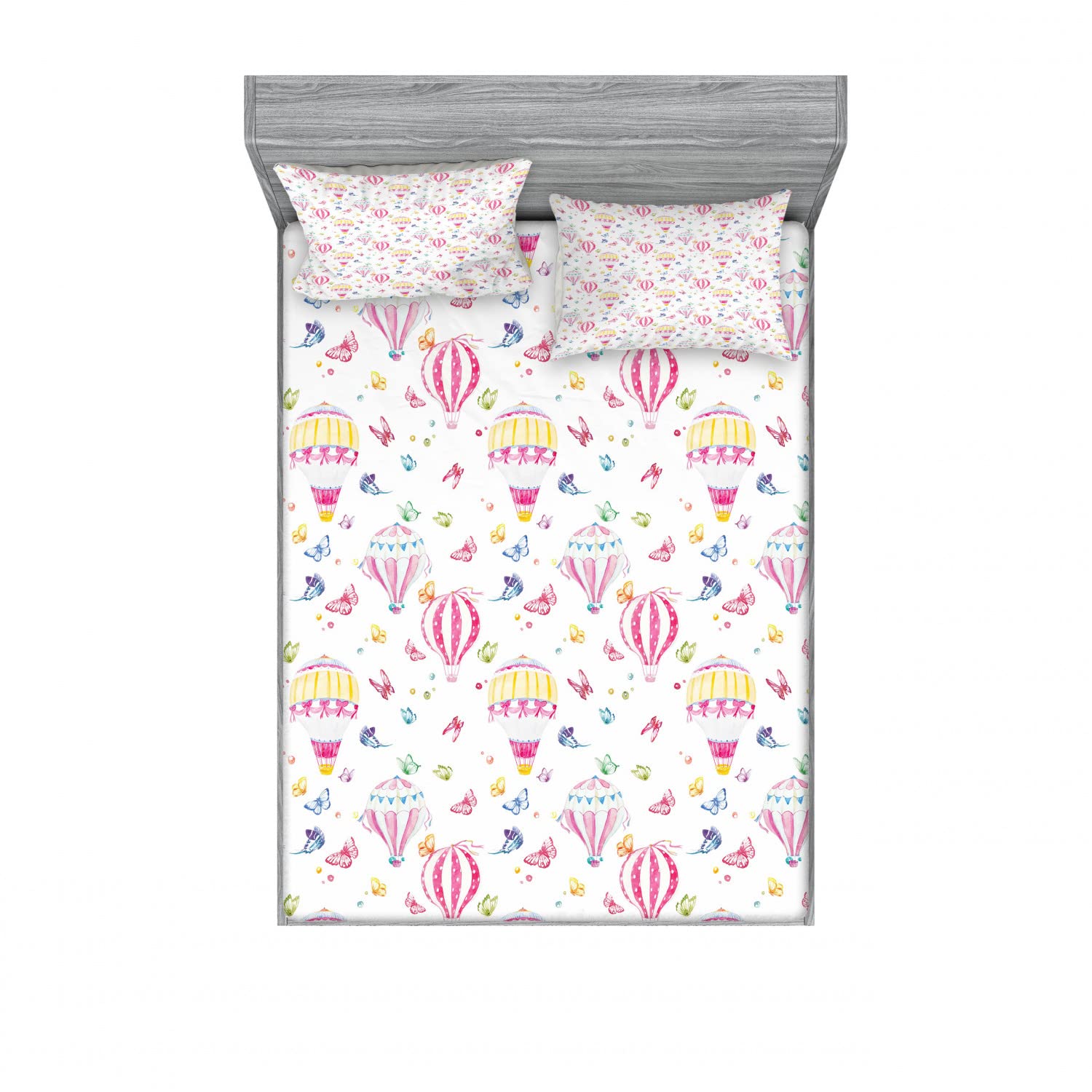 Ambesonne 2-Pack Queen Size Fitted Sheet Set with 4 Pillow Shams - Watercolor Hot Air Balloon Pattern Bedding Collection for Girls Room Decor | Soft Luxury Microfiber Sheets for Teen Bedroom, Dorm & Guest Room