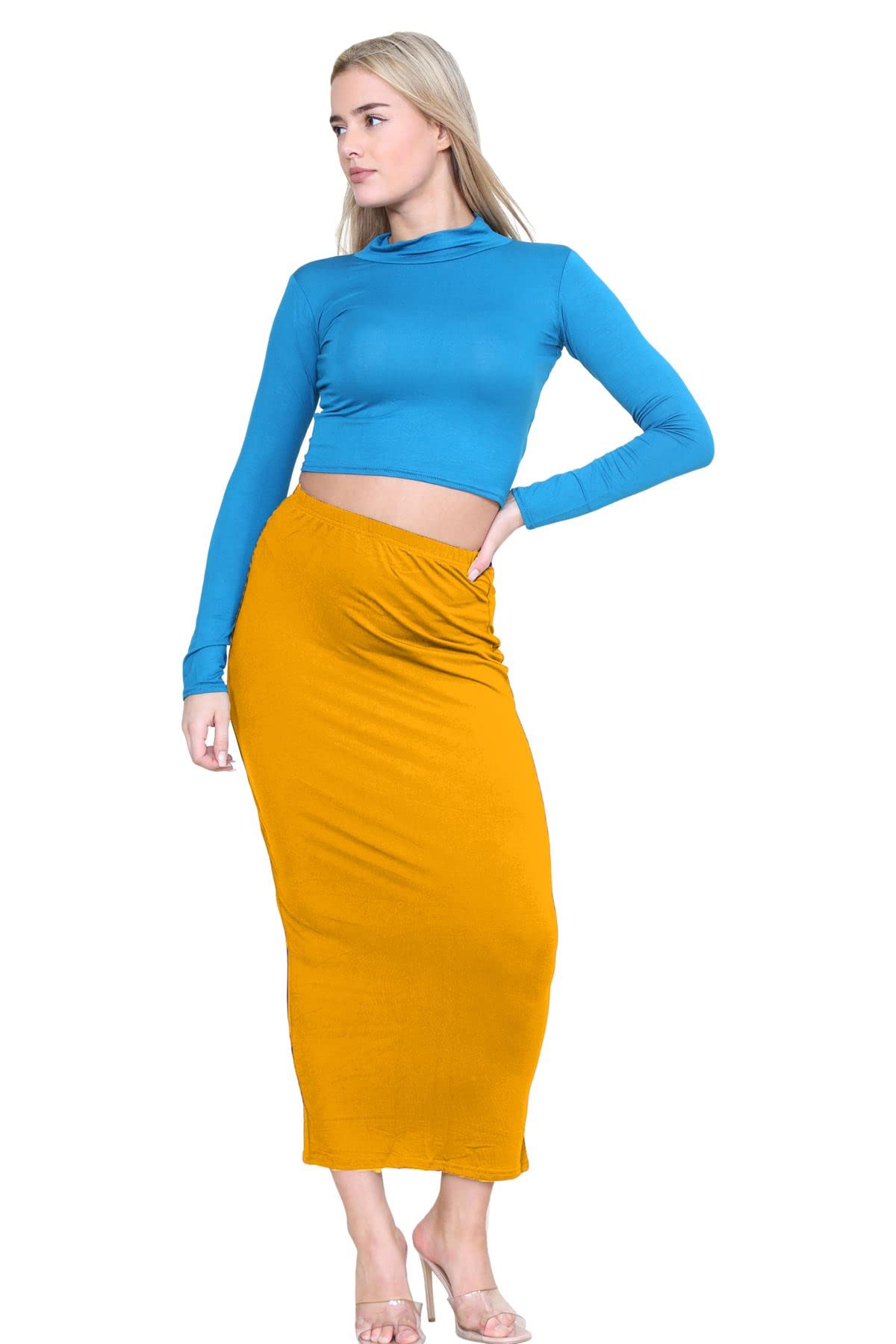 Janisramone Women's Bodycon Tube Maxi Skirt - Stretchy Elastic Waist Jersey Pencil Skirt in Mustard | Soft Summer Midi Skirt for Casual Wear, Office & Date Night Outfits
