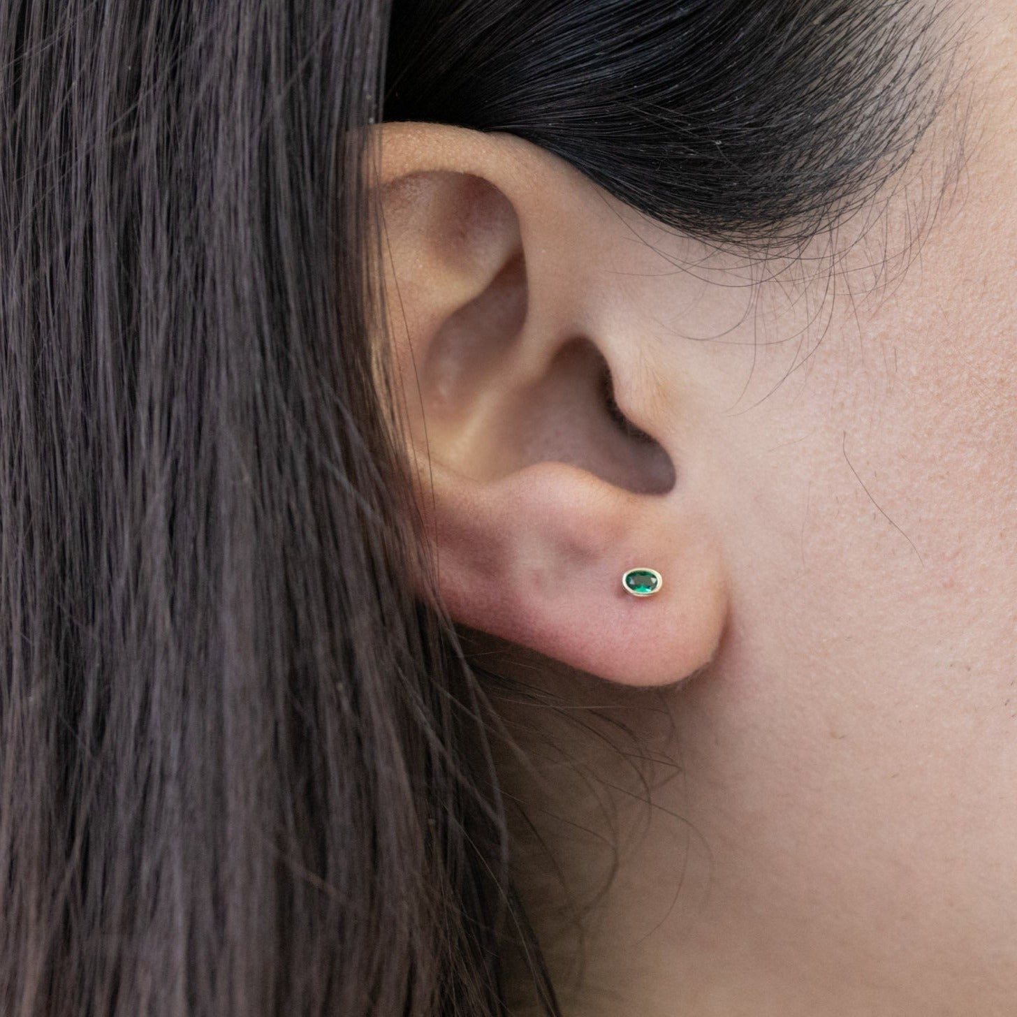 14K Yellow Gold Oval Emerald Stud Earrings - Bezel Set Flat Back for Secure Wear | Perfect for Daily Use, Gifts & Special Occasions