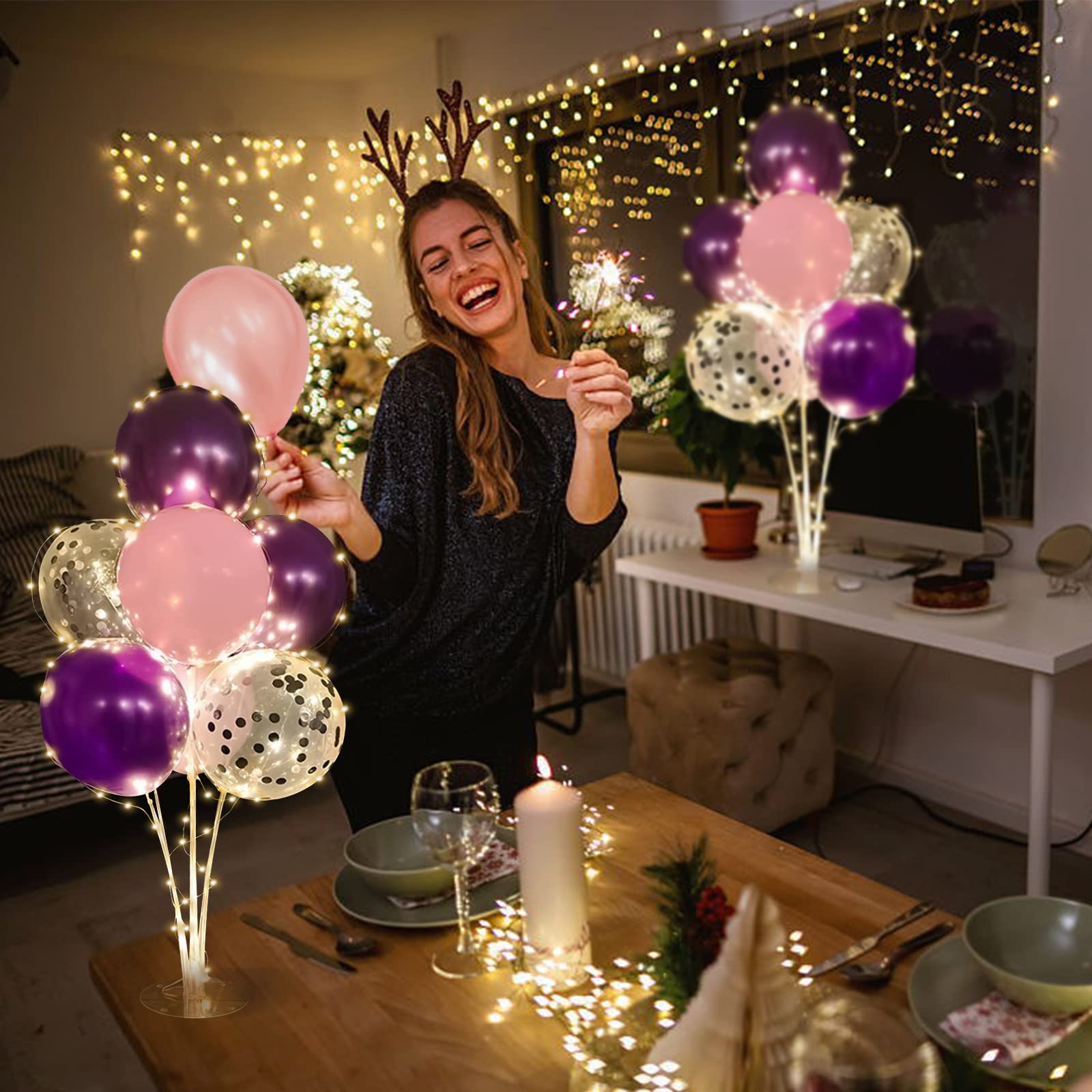 2-Pack Purple Balloon Holder Stand Kit with String Lights - Elegant Centerpiece Decor for Birthday, Baby Shower, Wedding & Anniversary Parties | Perfect for Indoor/Outdoor Celebrations & Photo Backdrops