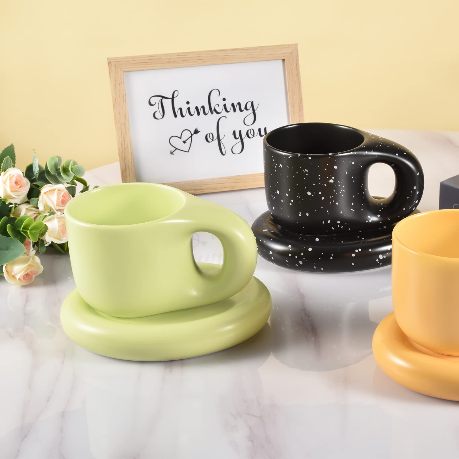 Koythin Ceramic Coffee Mug Set - 10 oz Chubby Fat Handle Cup with Saucer for Latte, Tea & Milk | Dishwasher & Microwave Safe | Perfect for Office, Home & Gifts (Black)