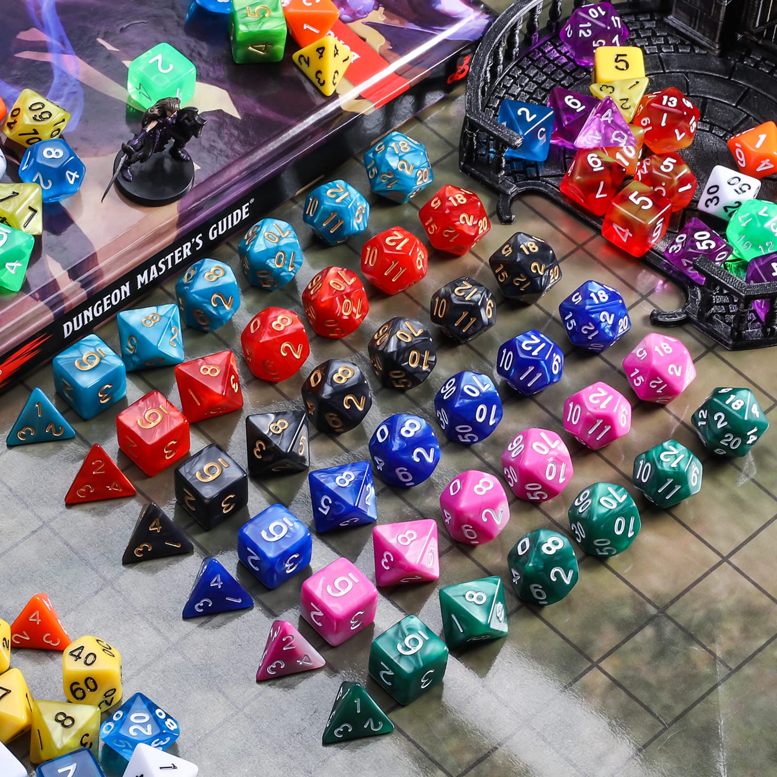 QMay 105-Piece DND Dice Set - 15 x 7 Polyhedral Dice (D4, D6, D8, D10, D%, D12, D20) with Large Flannel Storage Bag for Dungeons & Dragons, RPG, MTG, Pathfinder and Tabletop Gaming Adventures