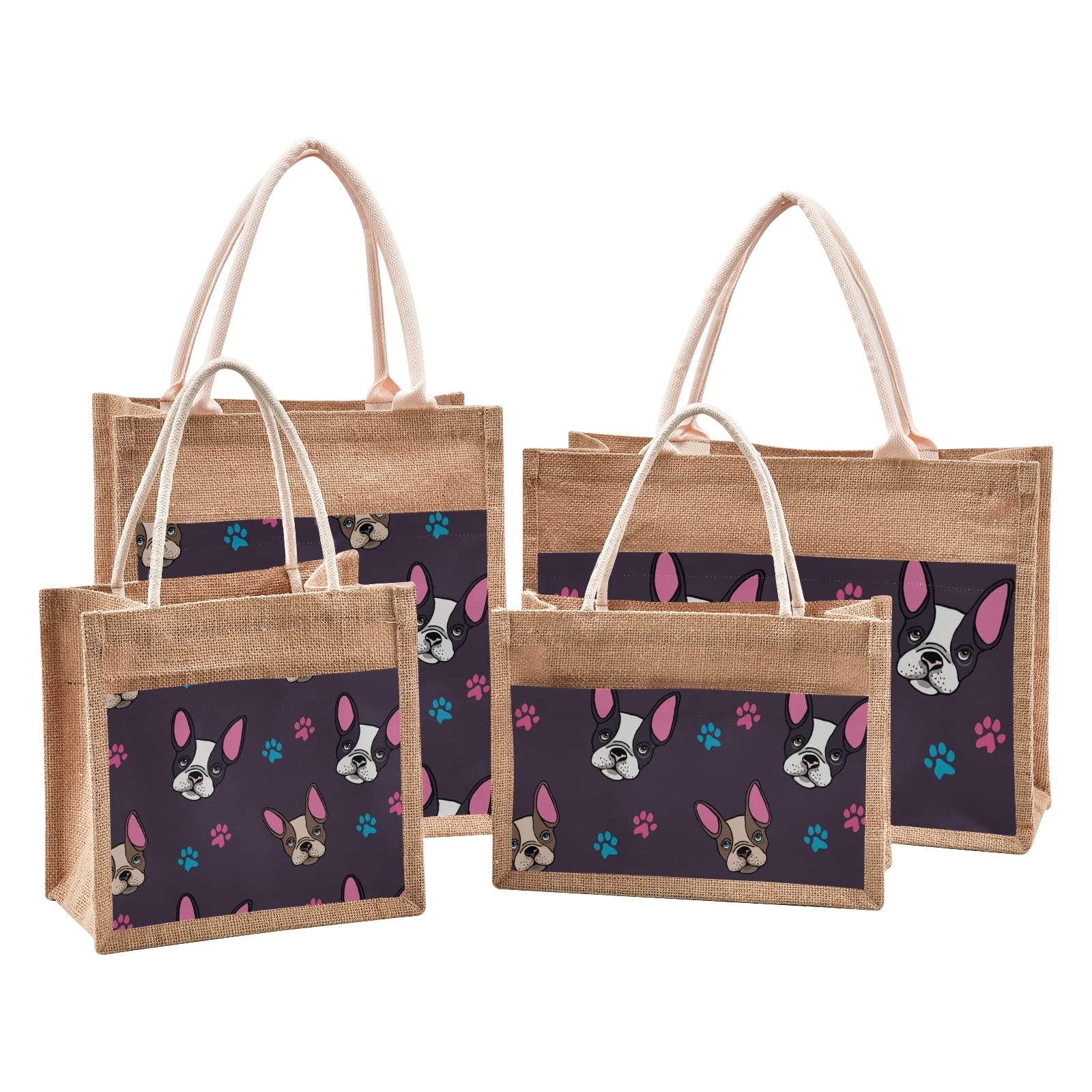 Stylish French Bulldog Puppies Jute Tote Bag for Women - Eco-Friendly Burlap Gift Bag with Sturdy Handle - Perfect for Shopping, Beach Trips & Casual Outings