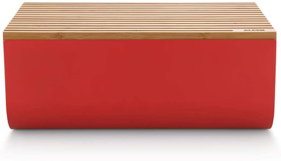 Alessi BG03 R Mattina Bread Box - Stainless Steel with Epoxy Resin & Bamboo Cutting Board - Red - Perfect for Kitchen Storage & Countertop Organization