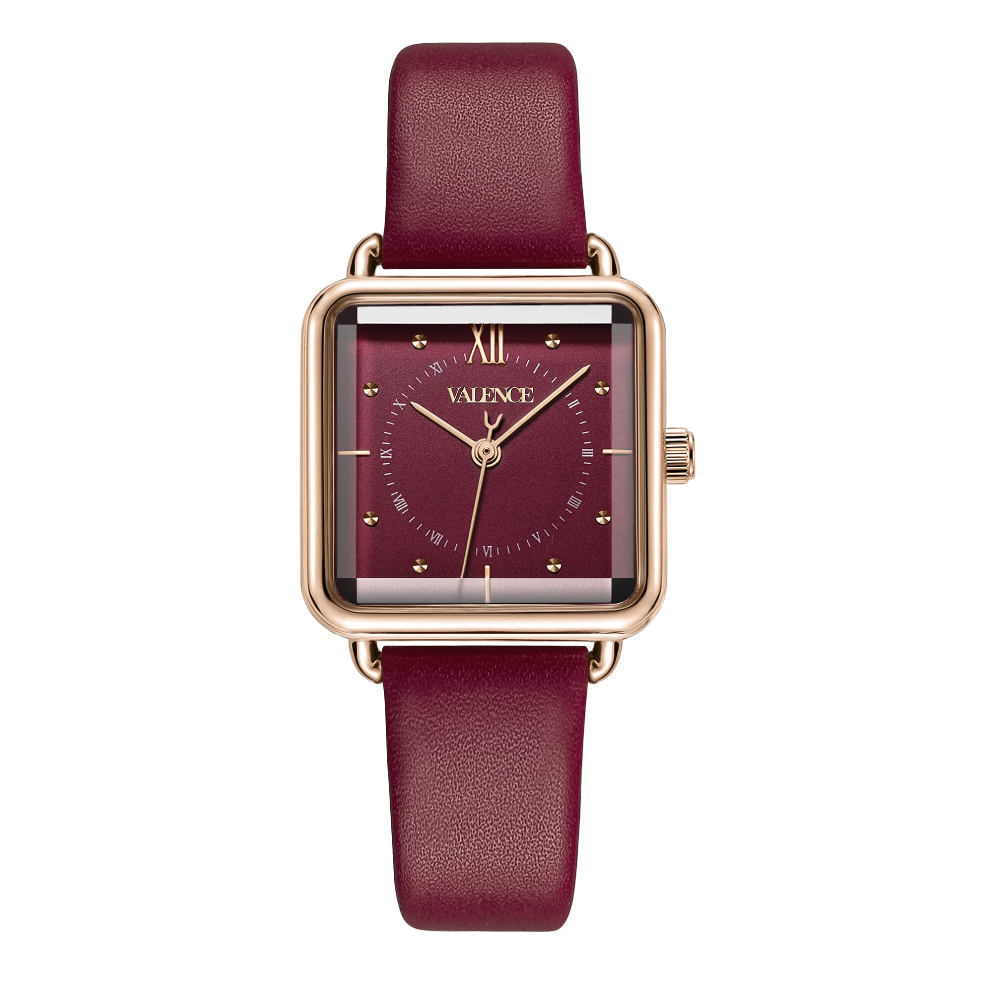 VALENCE Red Square Watches for Women - Elegant Fashion Ladies Watch with Genuine Leather Strap - Perfect for Office, Party & Everyday Wear