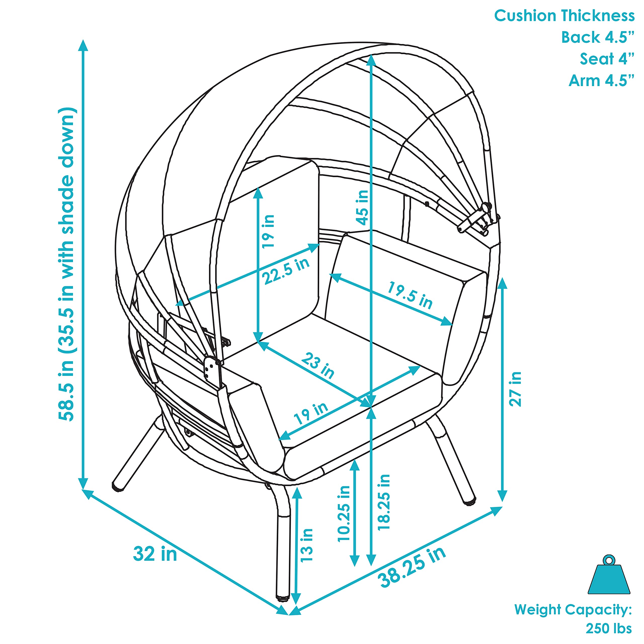 Sunnydaze Modern Luxury Egg Chair - Powder-Coated Aluminum Frame with Weather-Resistant Polyester Cushion & Adjustable Canopy - Blue Outdoor Hanging Chair for Patio, Garden, Poolside Relaxation