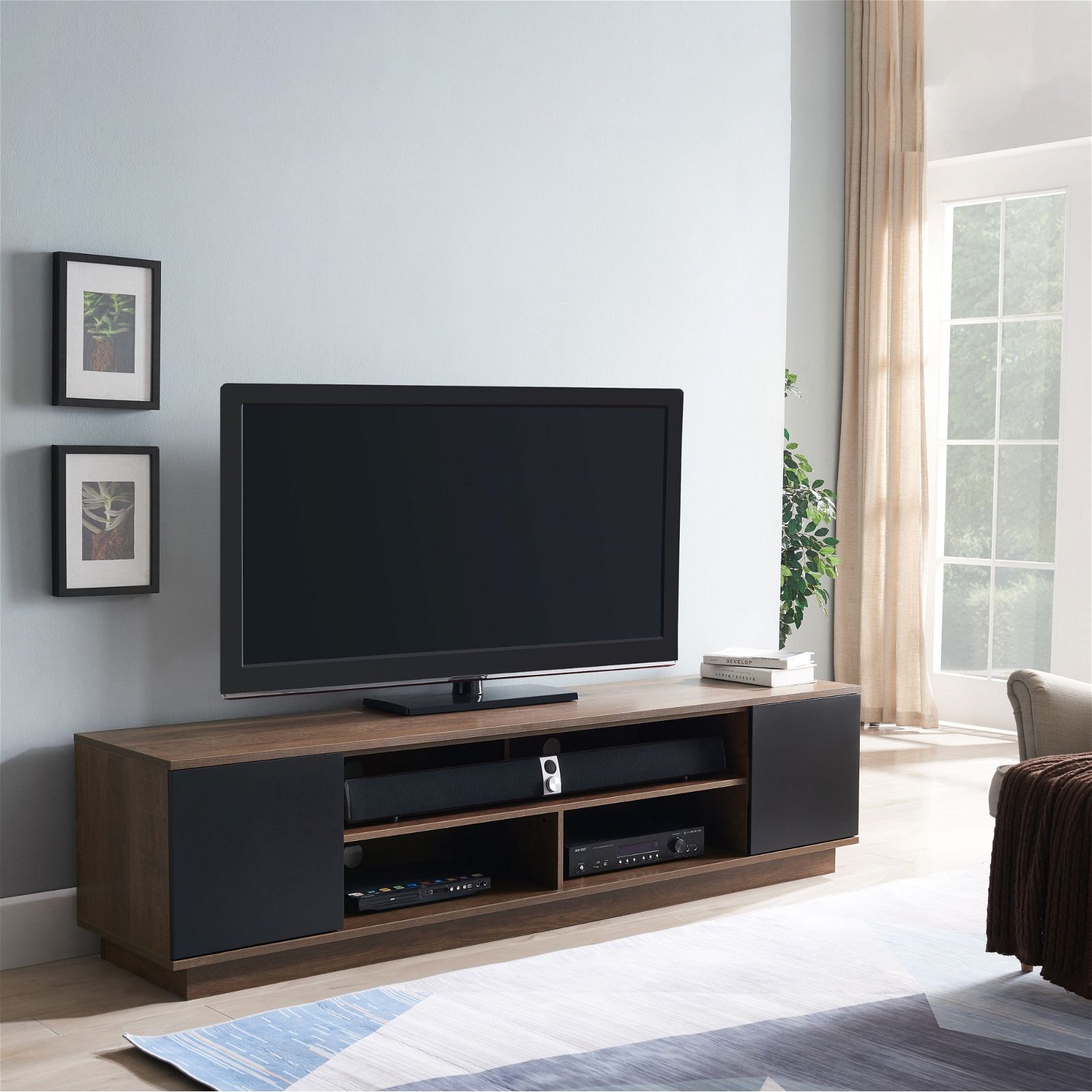 DELUX 200cm TV Stand with Storage, Dark Oak & Black Modern Entertainment Center by Tauris™ - Perfect for Living Room, Home Theater & Gaming Setup