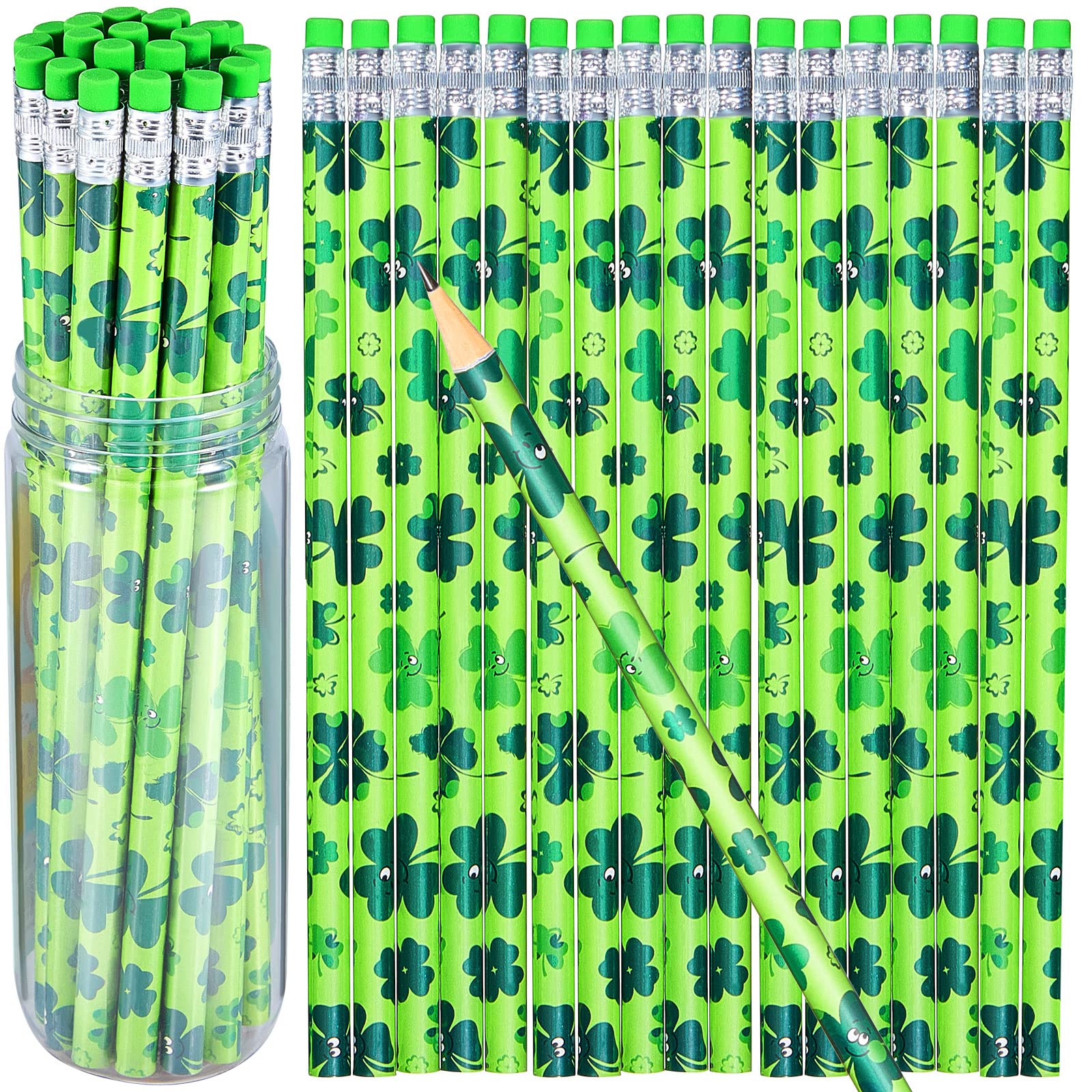 Marspark St. Patrick's Day Pencils - 7.5 Inch Wooden Pencils with Erasers, Shamrock Design, Green Party Supplies (36 Pack) - Perfect for Classroom Treats, Party Favors, and St. Patrick's Day Decorations