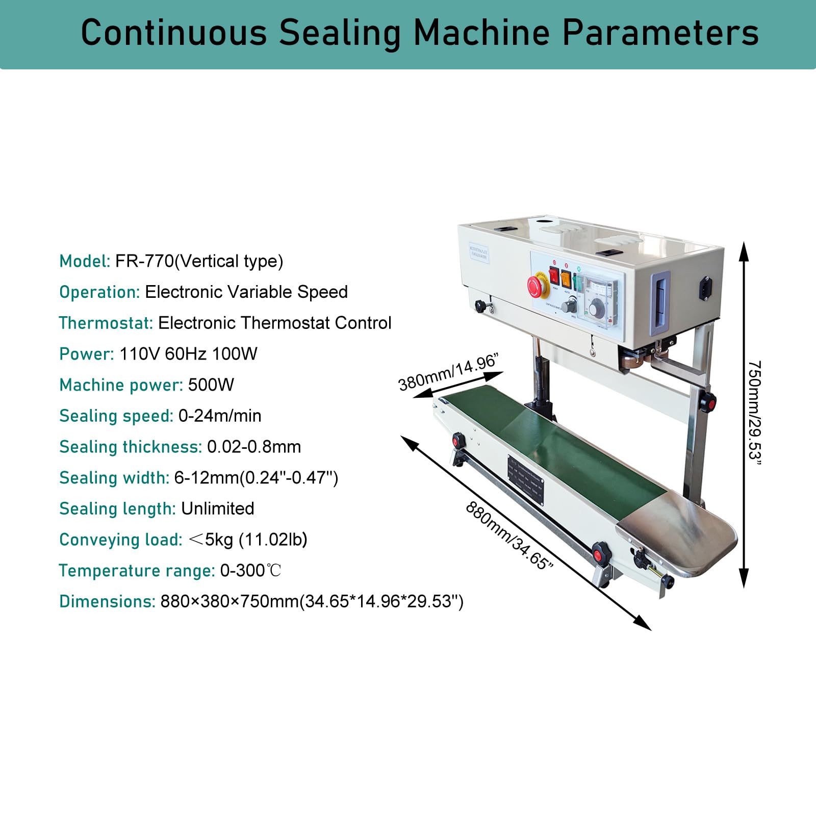 INTSUPERMAI FR-770 Vertical Continuous Sealer - Automatic Band Sealing Machine for PVC, Aluminum Foil & Plastic Food Packaging | Ideal for Restaurants, Catering & Food Production Businesses