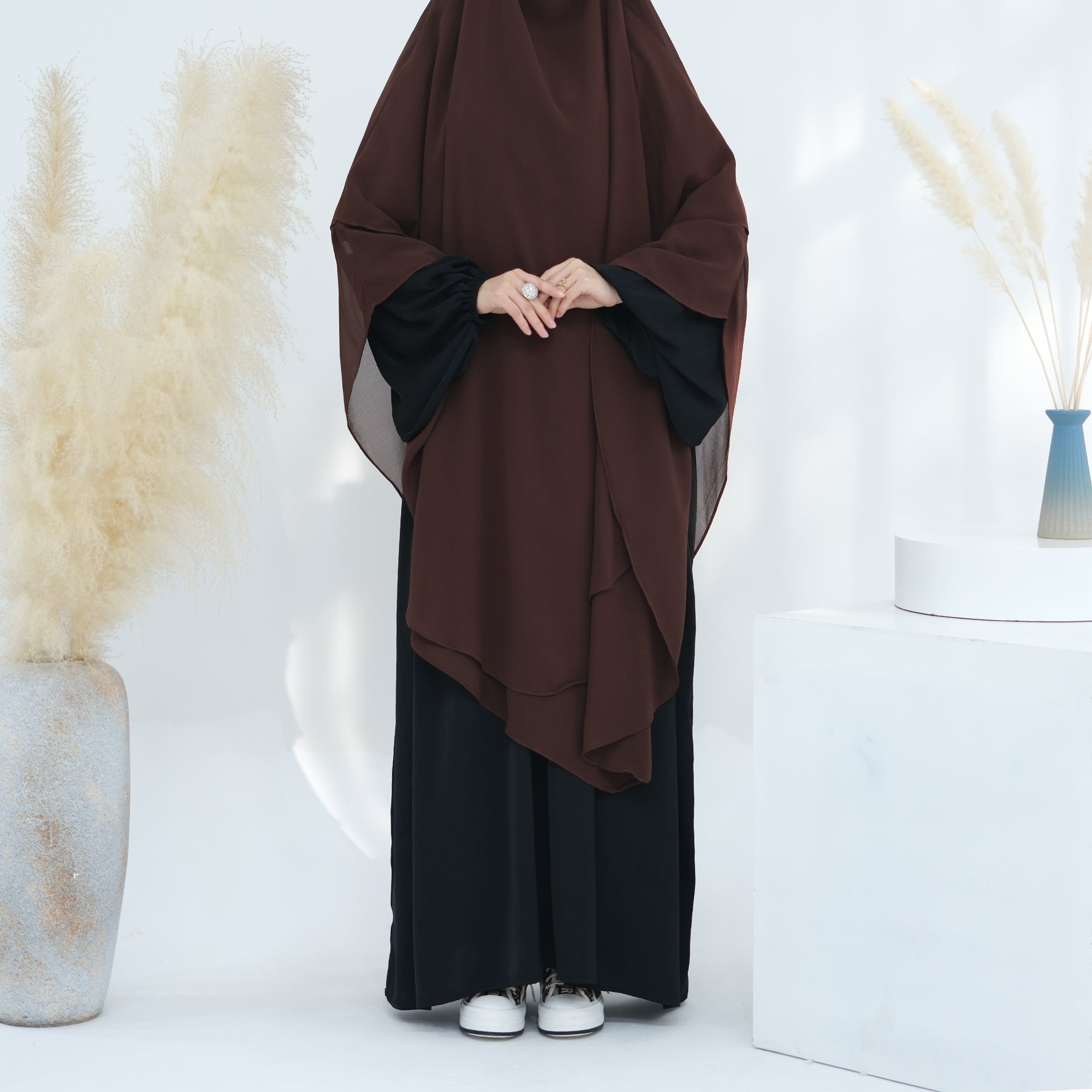 2 Layer Maxi Chiffon Khimar Scarf - Elegant Coffee Color Muslim Prayer Hijab for Women, Perfect for Daily Wear, Prayer, and Special Occasions