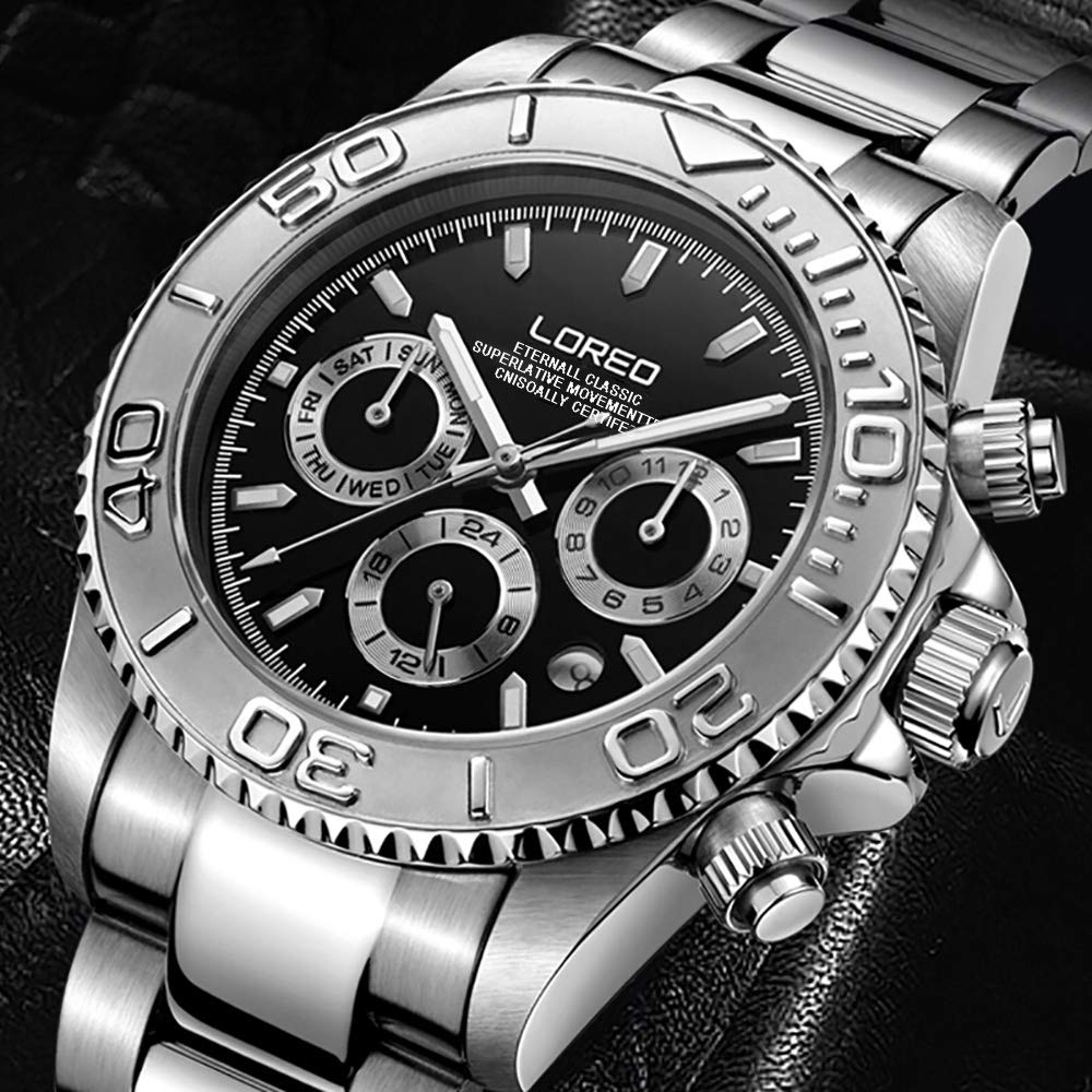 LOREO Men's Automatic Multifunction Stainless Steel Watch with Sapphire Glass - Waterproof, Silver & Black - Perfect for Business, Casual & Outdoor Activities