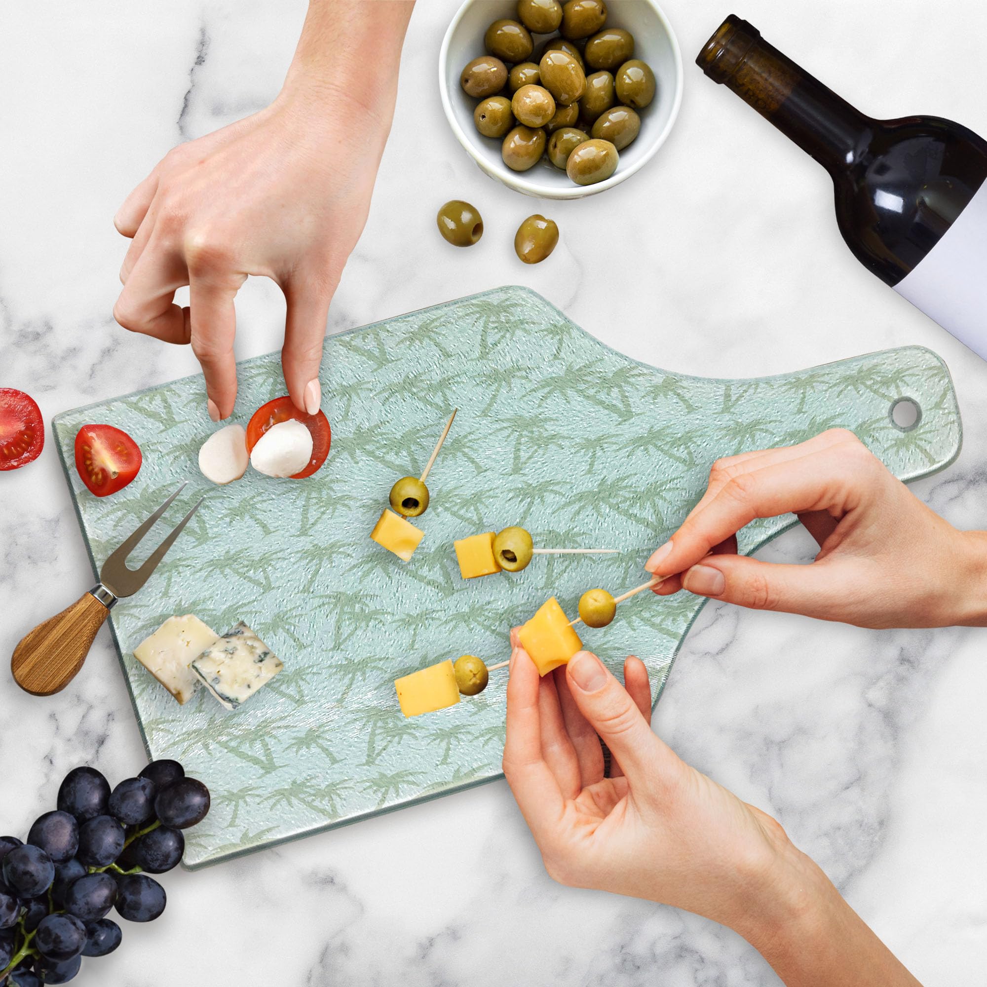 Ambesonne Tropical Coconut Palm Trees Tempered Glass Cutting Board - Exotic Hawaiian Print, Wine Bottle Shape, Grey White - Perfect for Serving Cheese, Charcuterie & Wine at Parties, BBQs & Holiday Gatherings