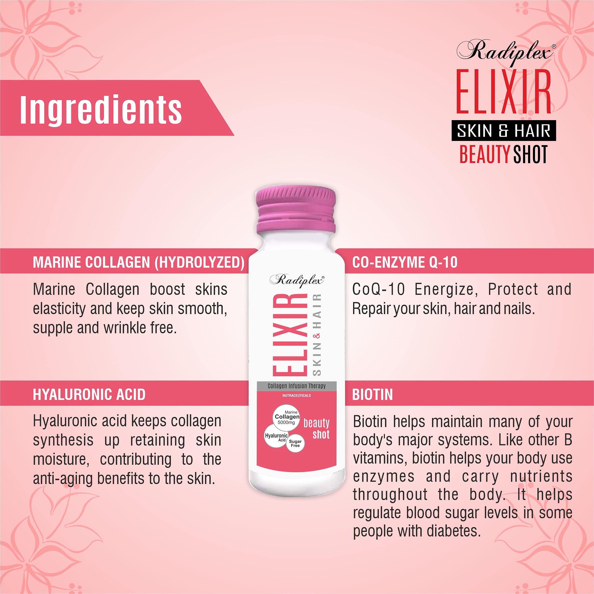 Radiplex Elixir 5000mg Hydrolyzed Marine Collagen Beauty Shot with Hyaluronic Acid | Sugar-Free Collagen Drink for Skin Hydration, Hair Growth & Nail Strength | Clinically Proven Anti-Aging Supplement | Perfect for Morning Routine, Post-Workout Recovery & Travel Wellness | Pack of 12