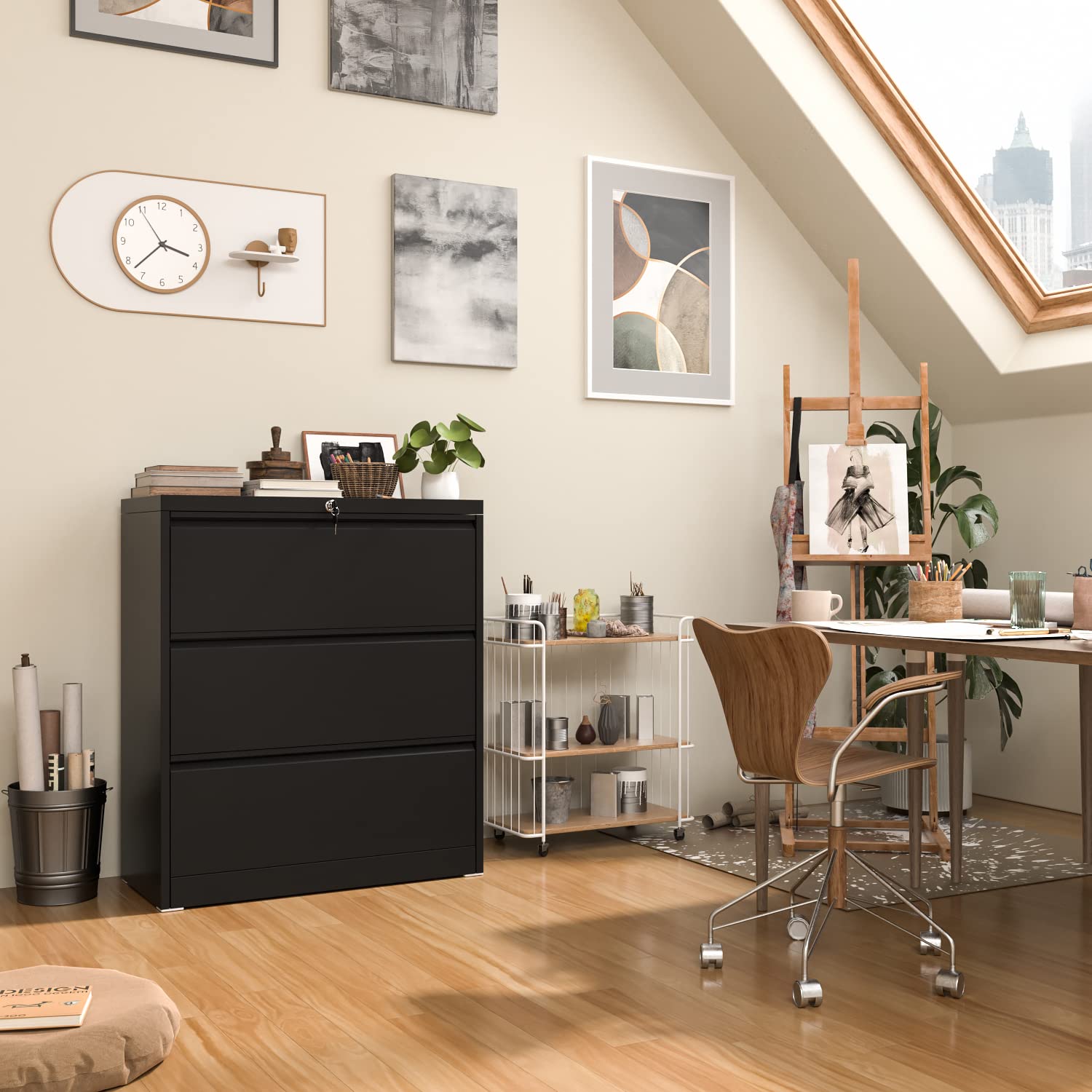 INTERGREAT 3-Drawer Black Lateral File Cabinet with Lock - Legal/Letter & A4 Size Metal Steel Locking Wide Filing Cabinet for Home Office - Perfect for Document Storage, Office Organization & Secure File Keeping
