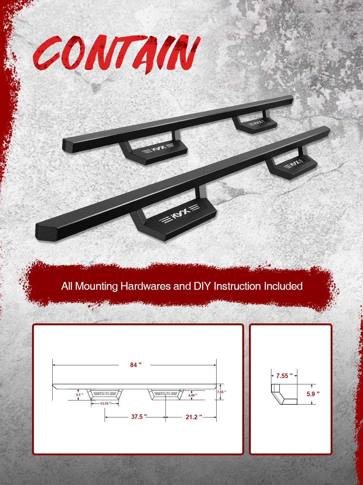 KYX 5 Inch Running Boards Side Steps for Dodge Ram 1500 Crew Cab 2019-2022 | Textured Black Powder Coated Nerf Bars | Off-Road & Daily Driving Protection