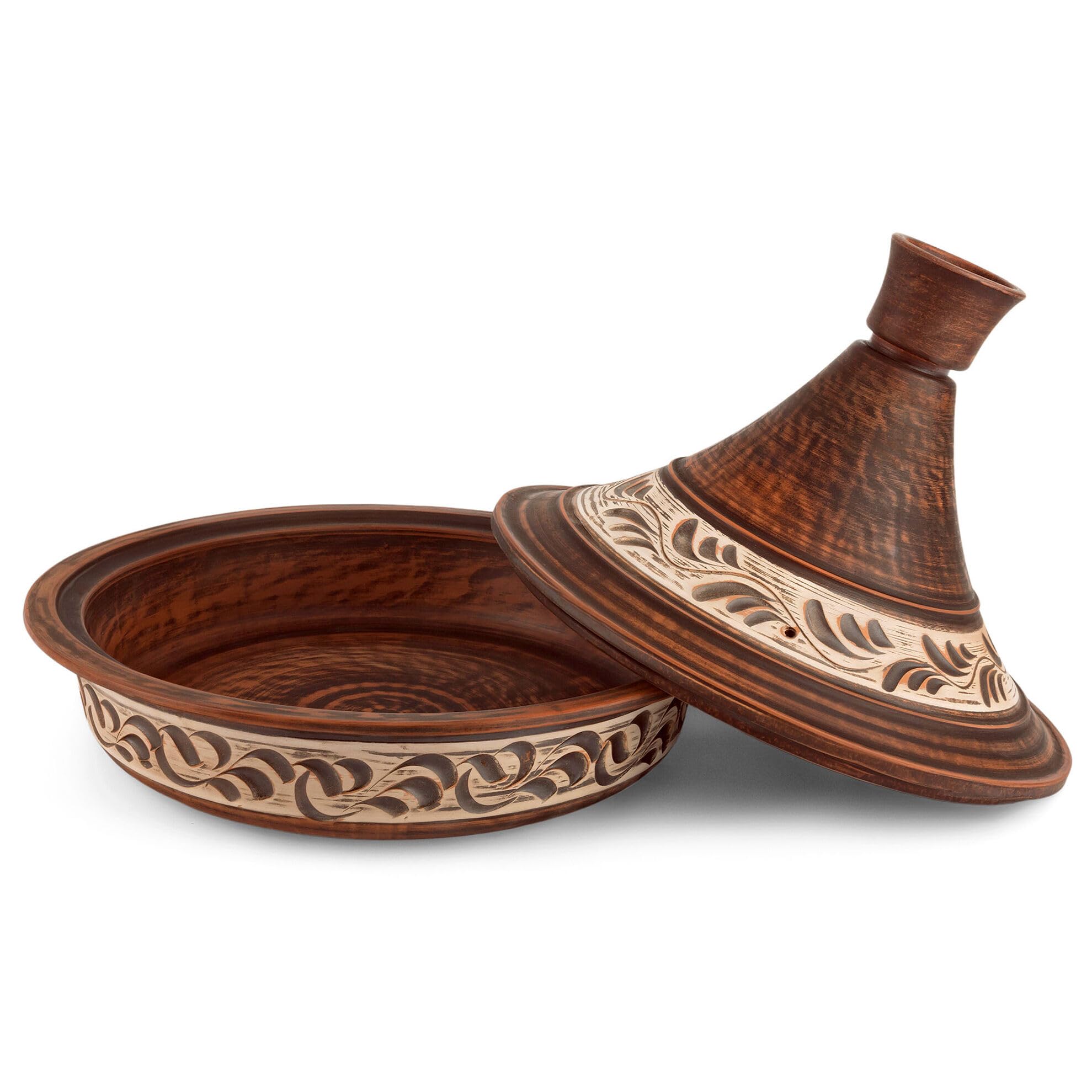 Handmade Red Clay Stoneware Tajine Pot with Engobe Décor & Ceramic Cone Lid – Pre-Seasoned Cast Iron Diffuser for Authentic Caribbean One-Pot Cooking | Perfect for Slow Cooking, Stews & Gift Giving (Red)