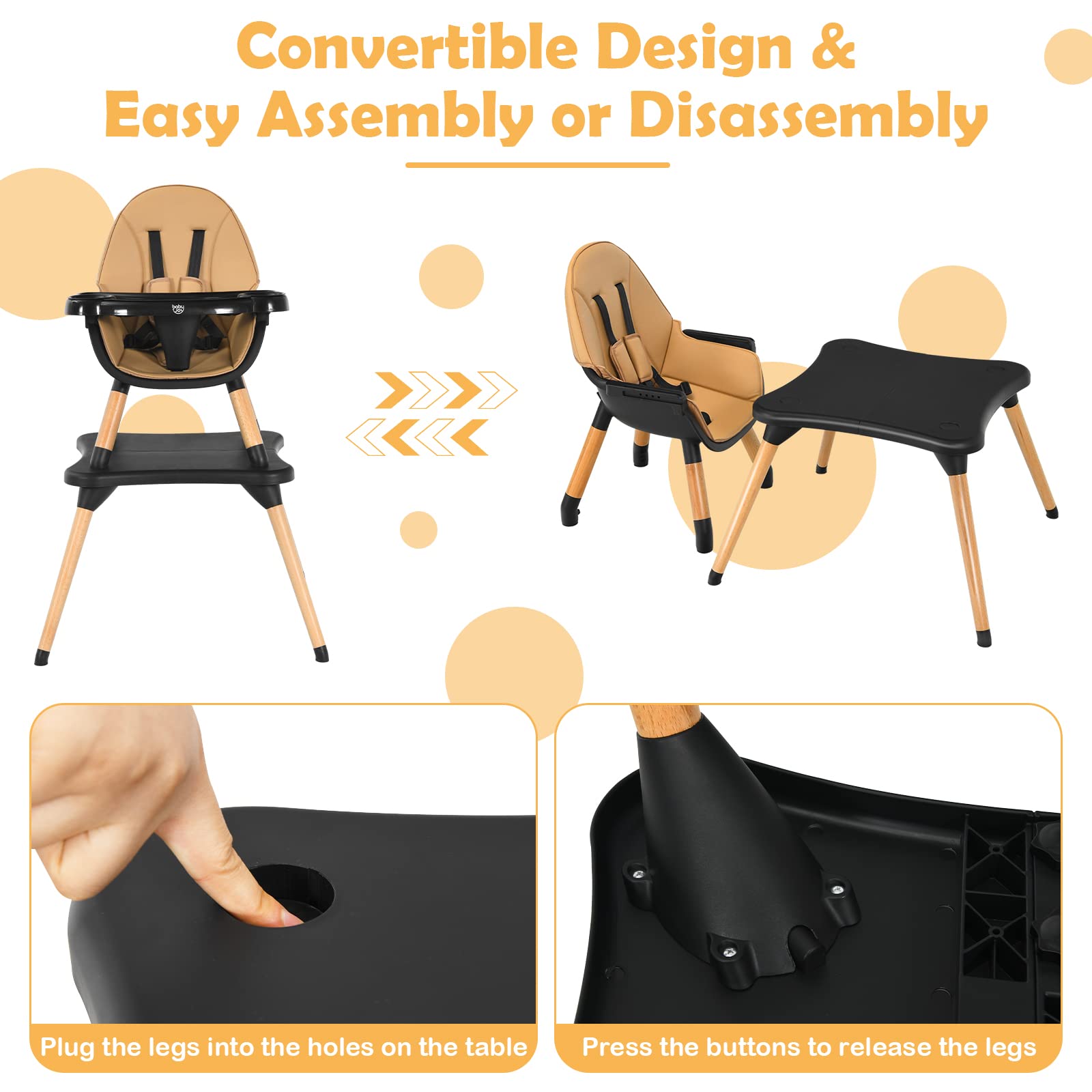 INFANS 5-in-1 Convertible Baby High Chair with Safety Harness - Adjustable Wooden Booster Seat & Toddler Dining Chair with Removable Tray & Easy-Clean Cushion - Perfect for Feeding, Playtime & Learning (Brown)