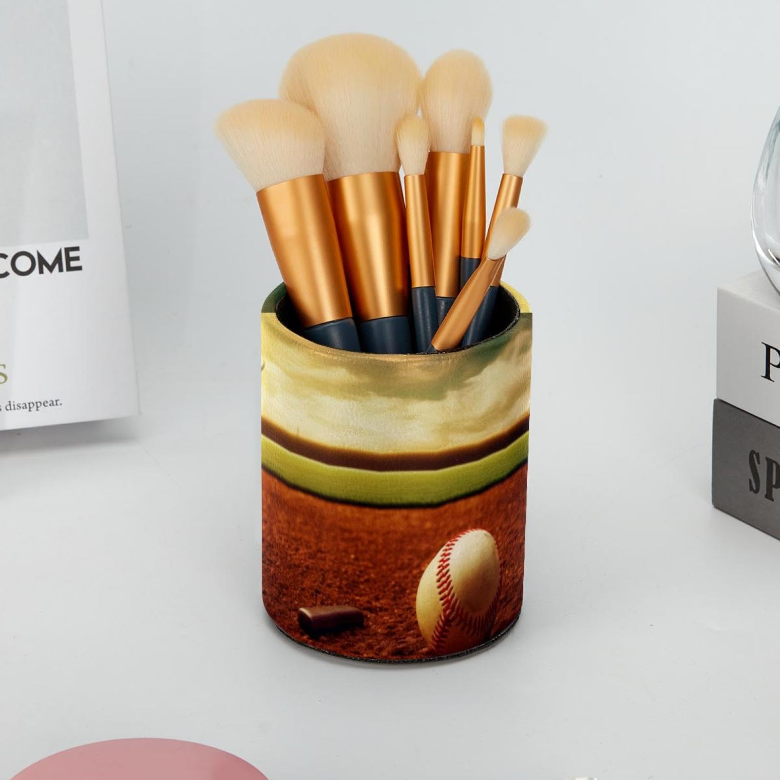 Baseball Themed Pen Holder & Makeup Brush Organizer - Stylish Desk Pencil Cup for Office, School, or Home Decor - Perfect for Baseball Fans, Students & Makeup Lovers