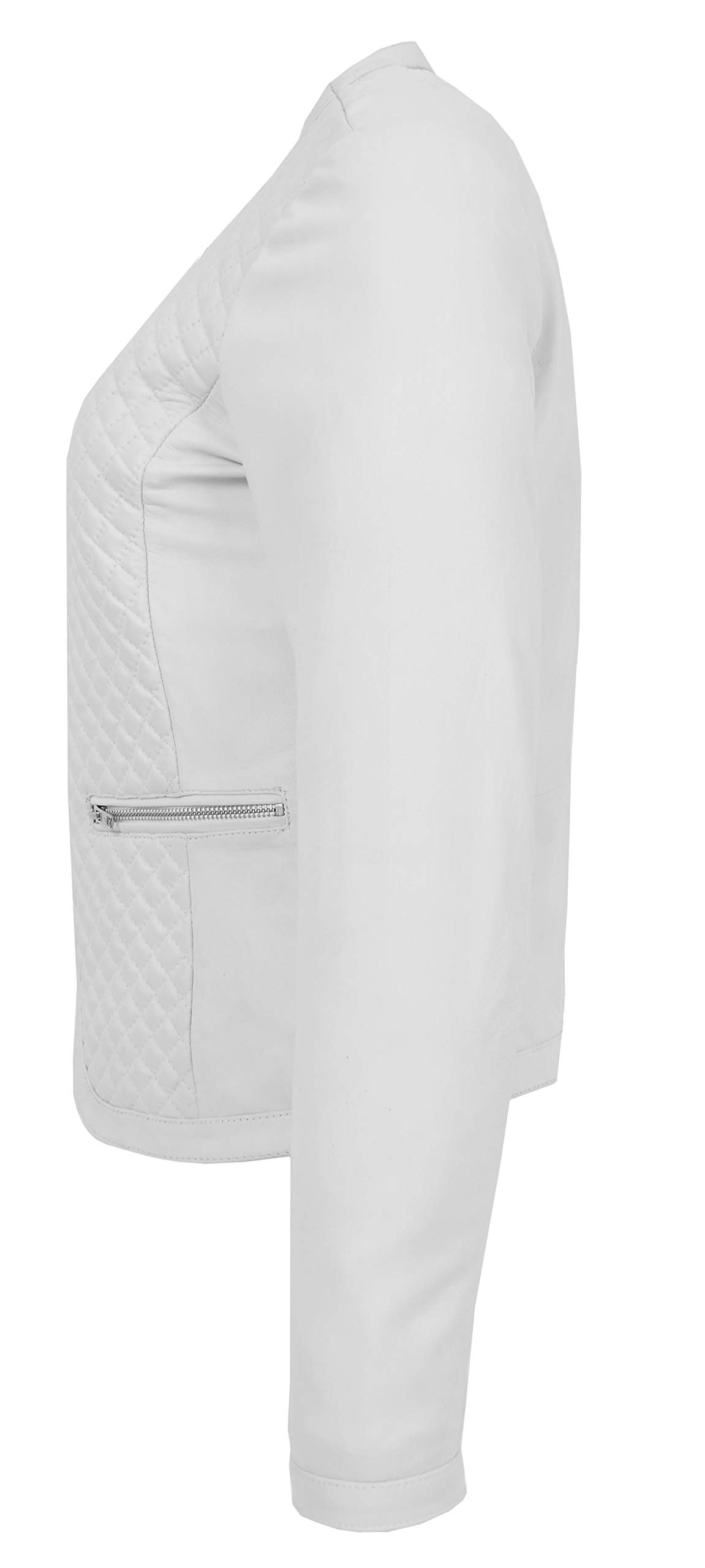 Women's Collarless Soft White Leather Biker Jacket - Fitted Quilted Stitch Design for Motorcycle Riding & Casual Outfits | Remi Collection