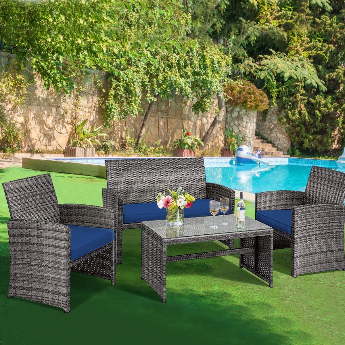Tangkula 4-Piece Wicker Patio Conversation Set - Outdoor Rattan Sofa Set with Coffee Table & Soft Cushions, Durable Patio Furniture for Poolside, Balcony, Garden or Backyard Relaxation