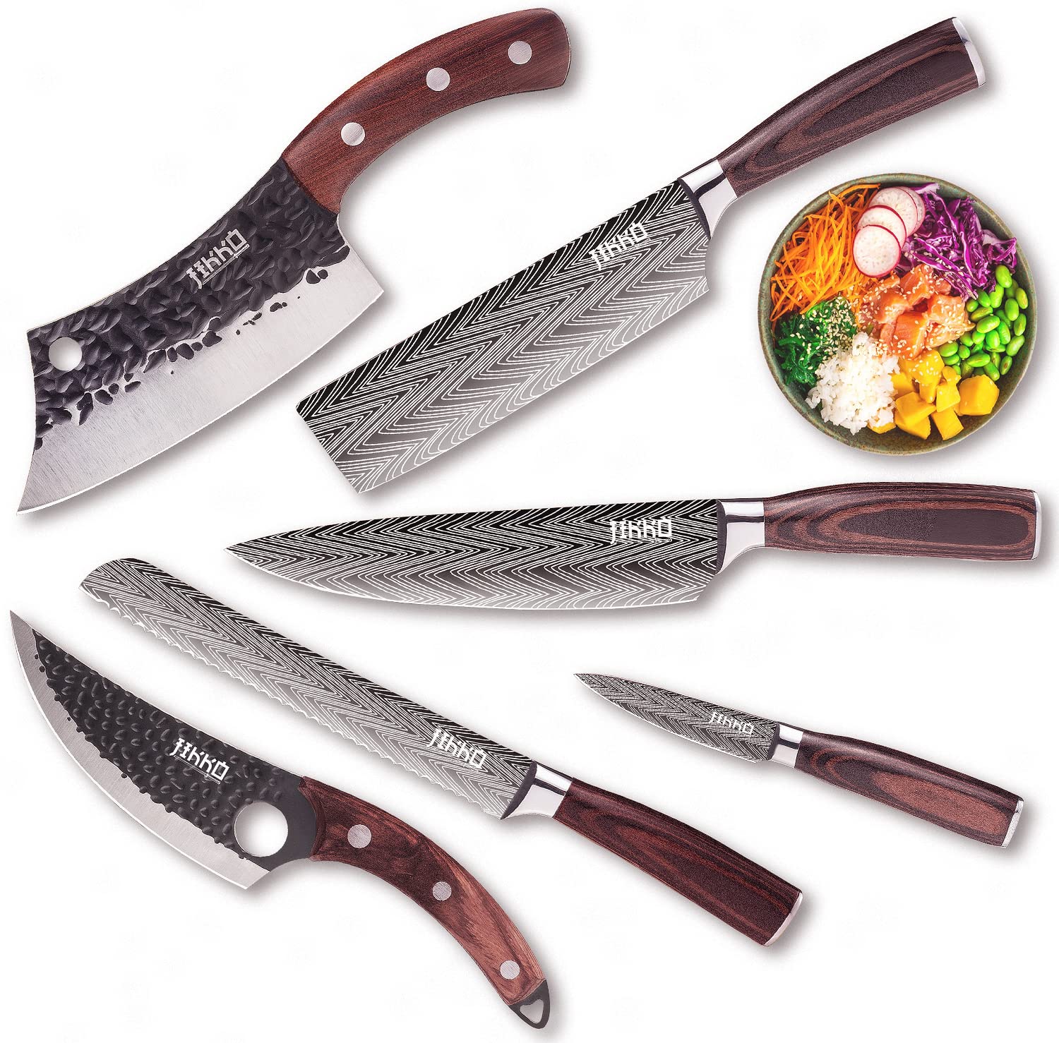 Jikko Premium Reinforced Carbon Steel Japanese Kitchen Knife Set – DiamondRazor Series – Ultra Sharp Chef Knives with Mahogany & Walnut Wood Handles – Professional Grade Cutlery for Sushi, Meat Cutting & Culinary Arts