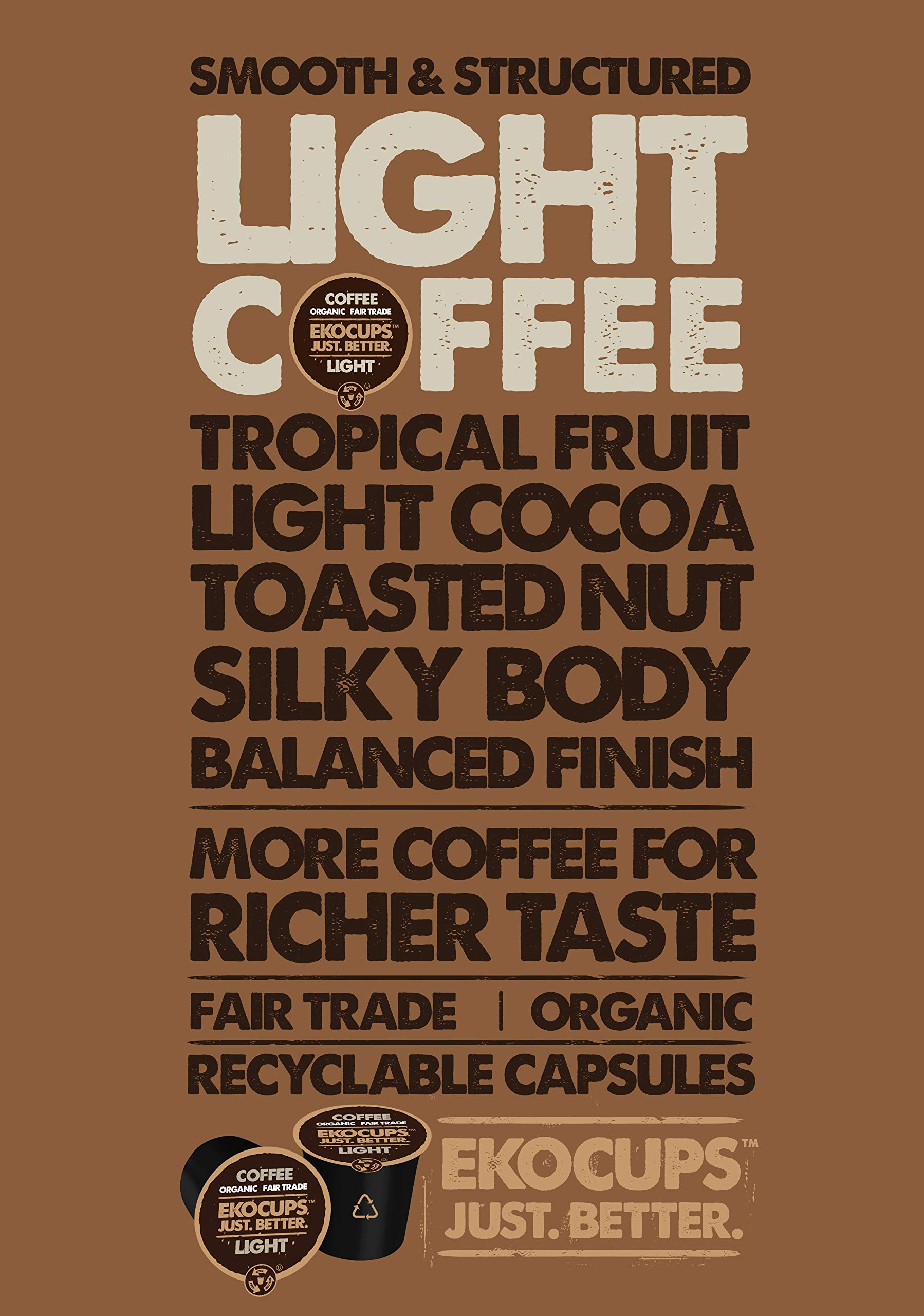 EKOCUPS Organic Light Roast Coffee Pods - 40 Count Fair Trade Single Serve K-Cups for Keurig Machines | Recyclable & Eco-Friendly | Perfect for Home, Office & Morning Brews