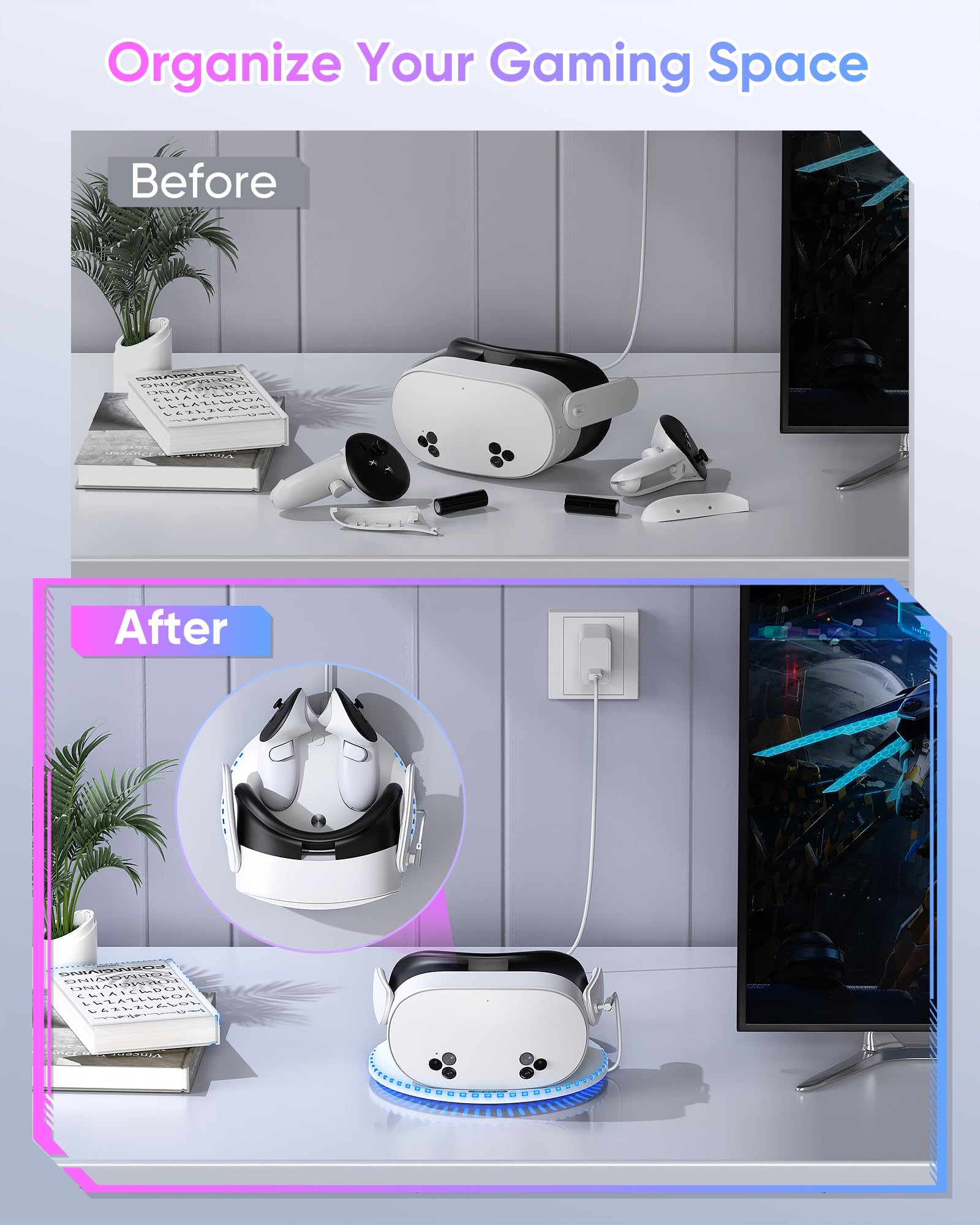 Kinwin 30W Fast Charging Dock for Meta Quest 3 & Quest 3S - VR Headset and Controller Charging Station with RGB Lights & 2 Rechargeable Batteries - Perfect for Gaming, VR Entertainment & Oculus Accessories