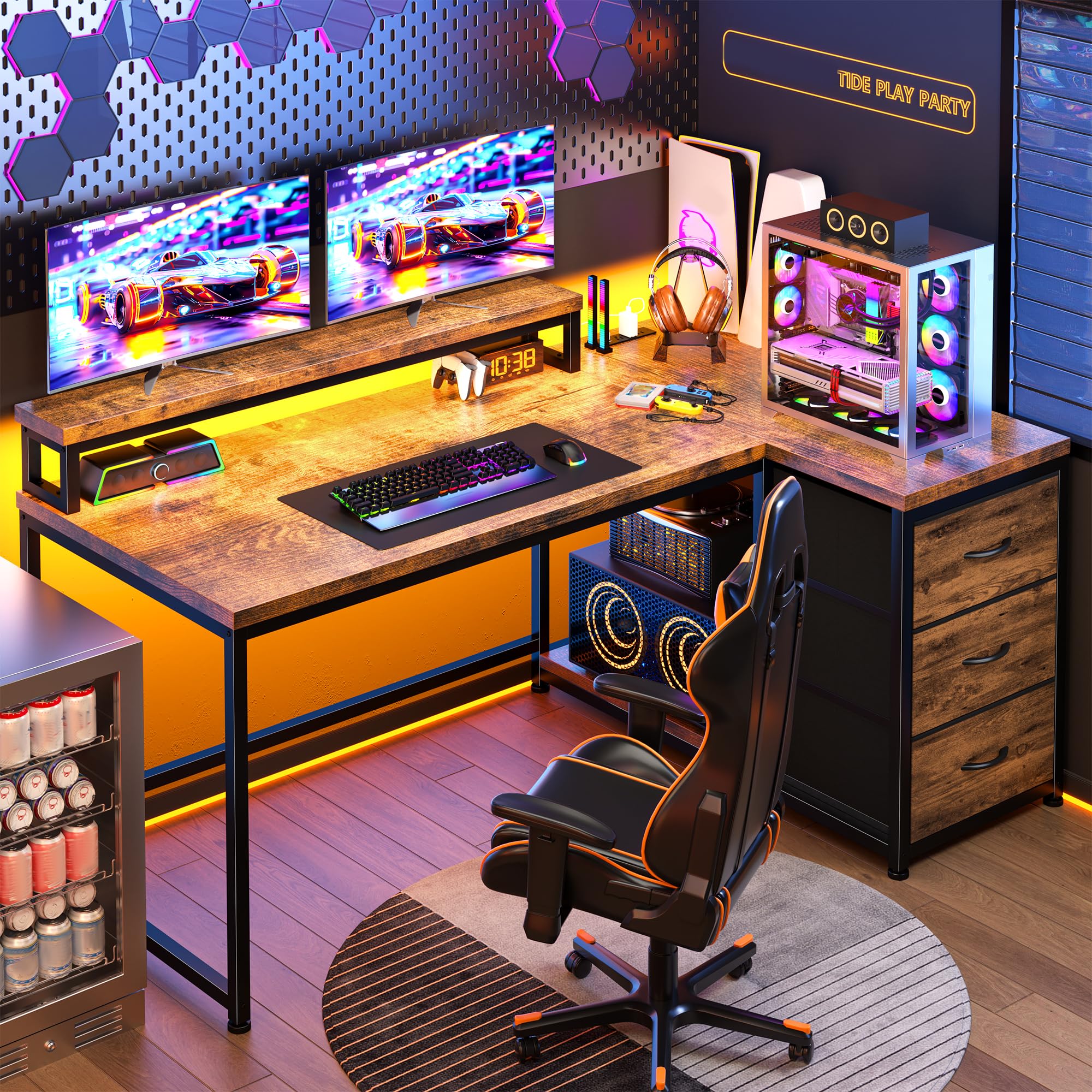 EnHomee 48-Inch L-Shaped Gaming Desk with LED Lights & Power Outlet - Reversible Corner Computer Desk with Drawers & Monitor Stand - Perfect for Gaming Setup, Home Office, or Bedroom - Rustic Brown Finish