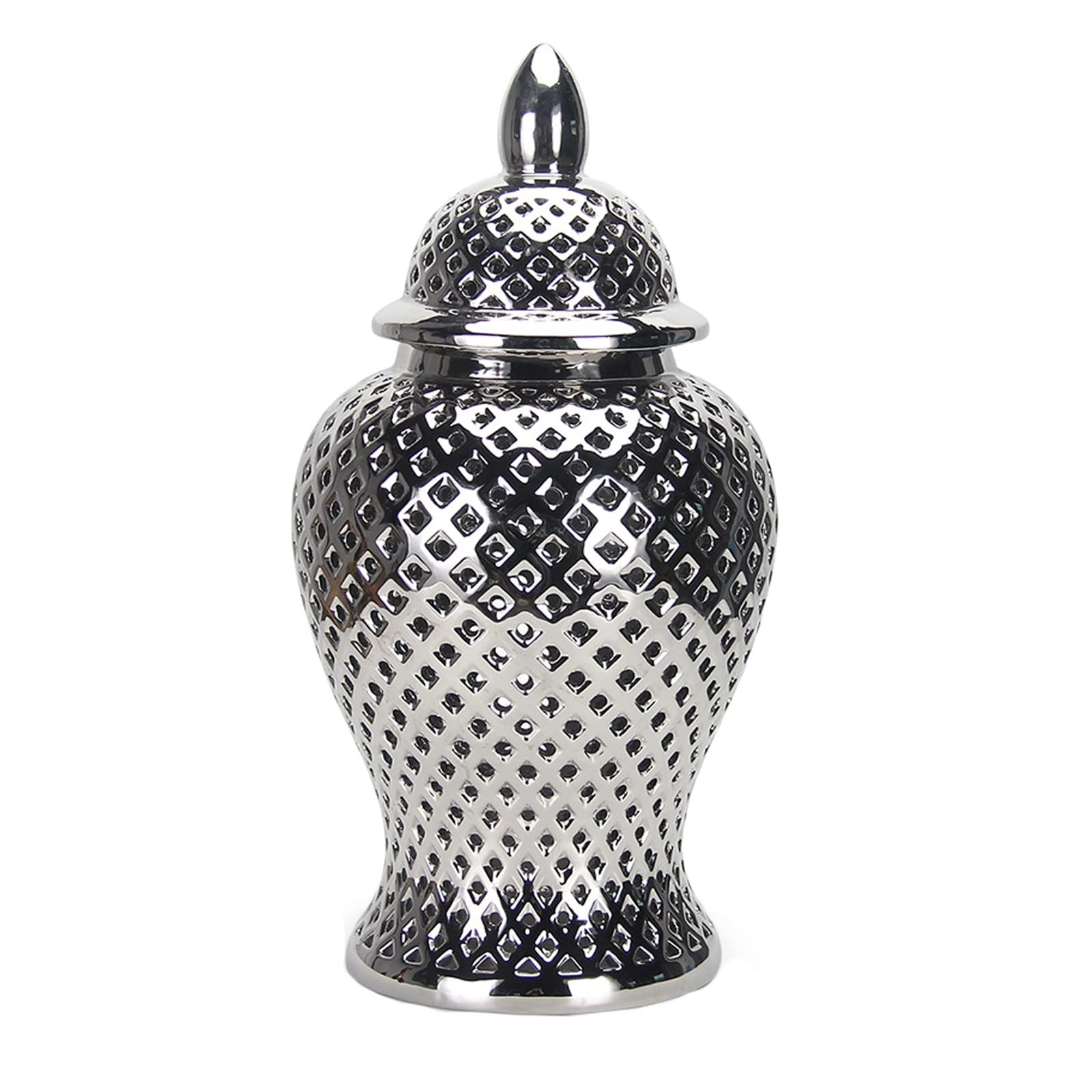 Silver Perforated Porcelain Ginger Jar with Lid - Traditional Chinese Ceramic Temple Jar, Hollow Carved Home Decor Gift - Airtight Storage Can for Living Room, Dining Table Centerpiece (Large Size)