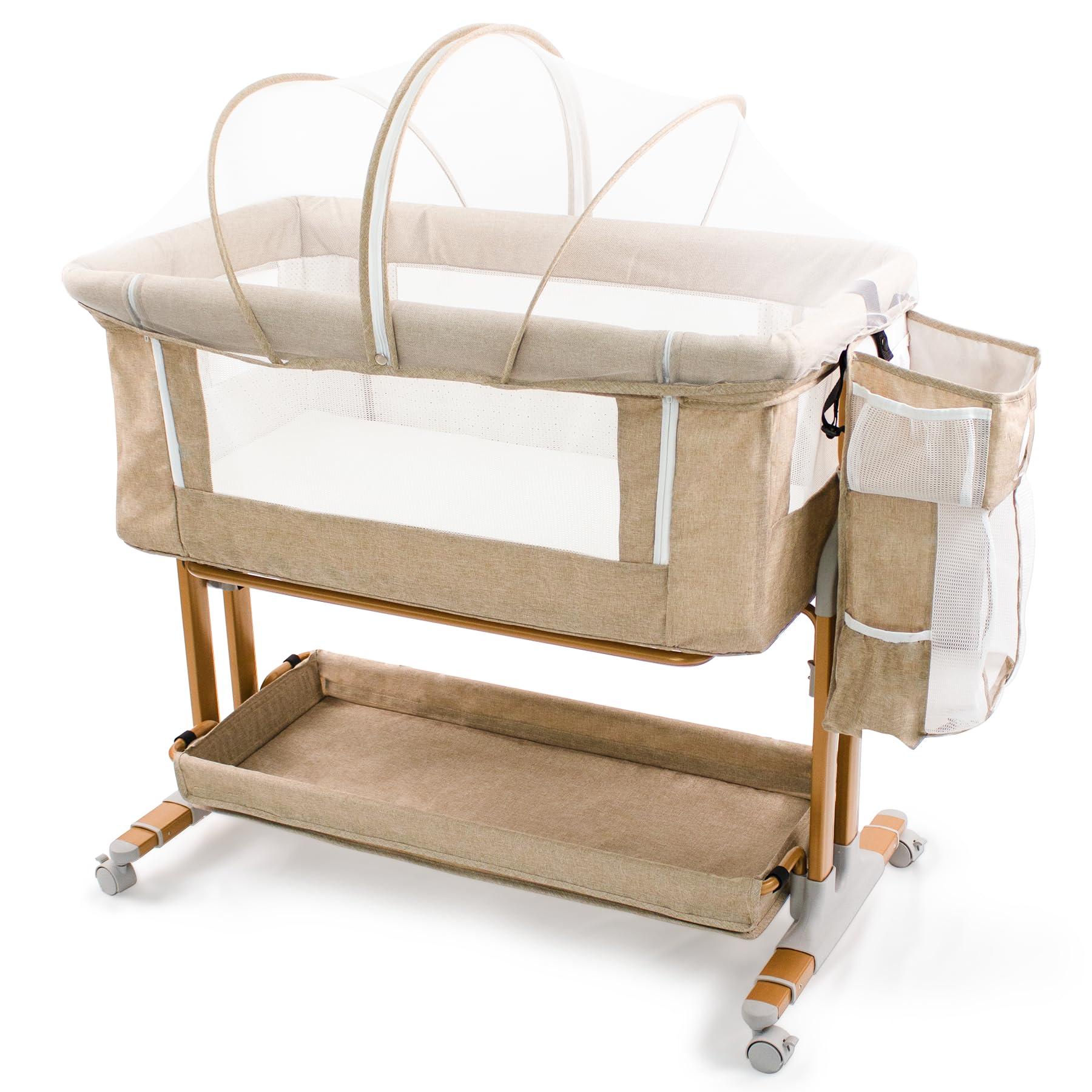 Portable Convertible Bassinet Bedside Sleeper for Babies 0-6 Months - Adjustable Height Co-Sleeping Crib with Breathable Mesh Sides, Wheels & Storage Diaper Caddy - Perfect for Nursery, Bedroom & Travel