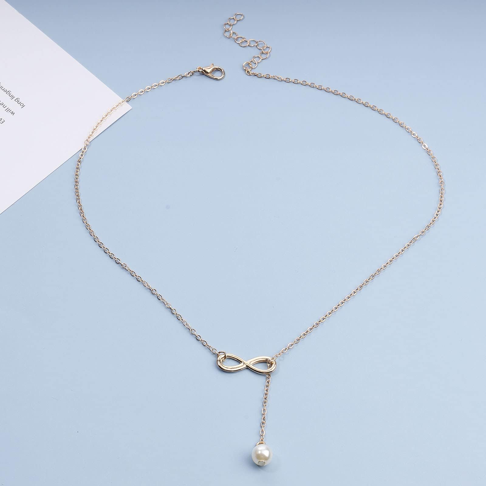 Boho Pearl Infinity Necklace - 14K Gold Plated Y Lariat Chain Necklace for Women | Minimalist Dainty Jewelry Gift for Her | Perfect for Weddings, Date Nights & Special Occasions
