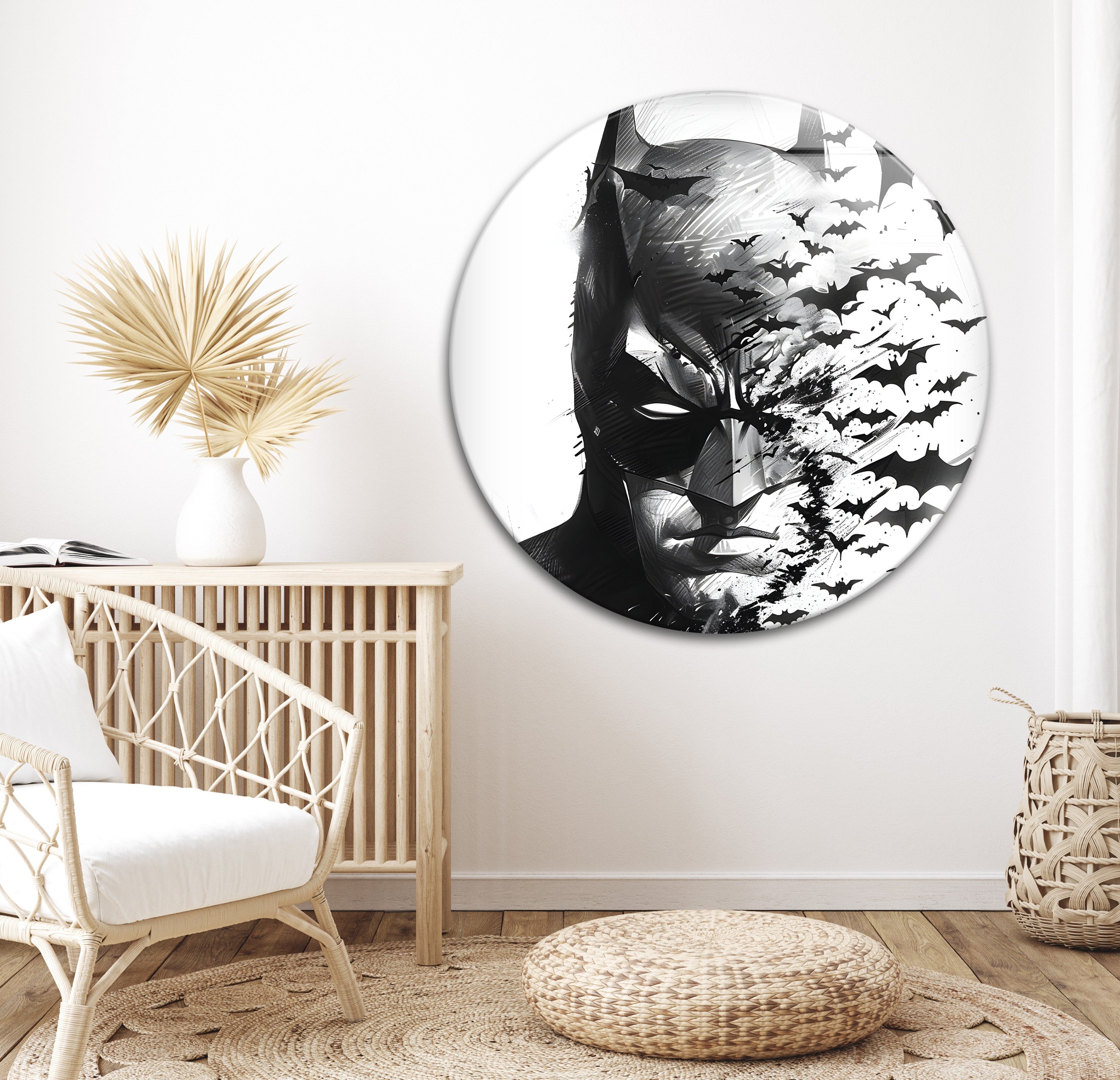 Batman Black and White Portrait Wall Art - Gothic Superhero Decor with Bats on Glass - Perfect for Man Cave, Home Theater & Superhero Bedroom Decor