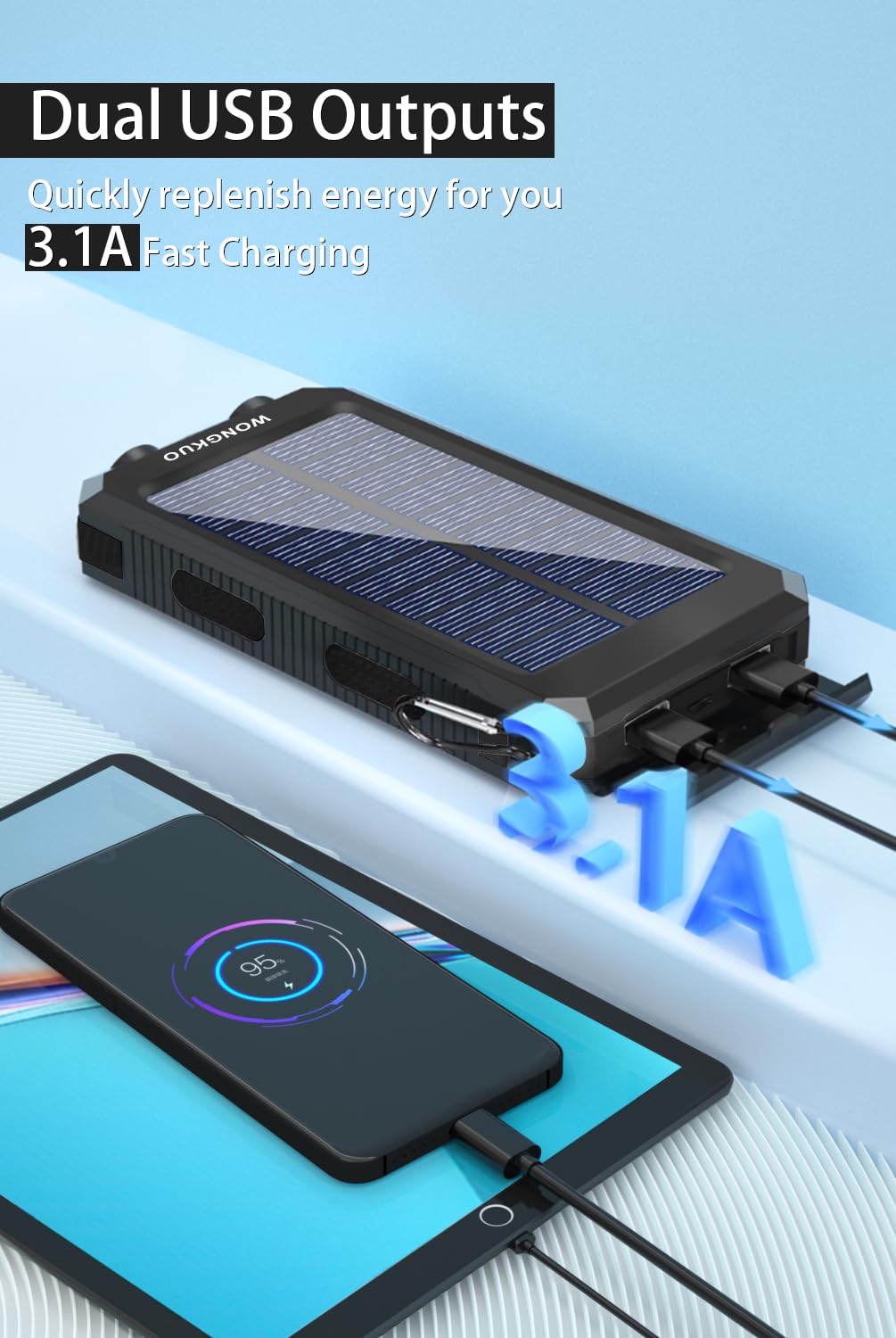 WONGKUO 36800mAh Solar Power Bank with QC3.0 Fast Charging, IP65 Waterproof Portable Charger with LED Flashlight - Perfect for Camping, Hiking, and Emergency Power Outages