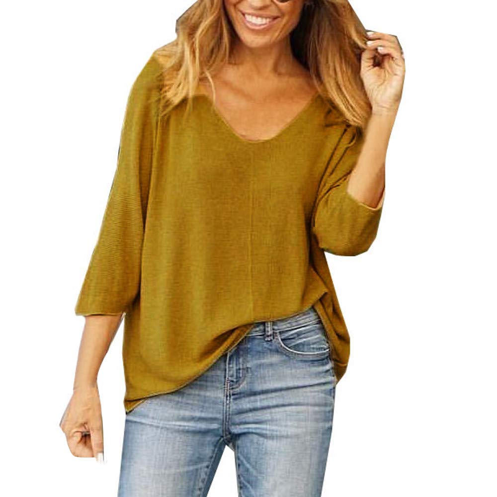 Women's Fashion V-Neck Pullover Sweater - Nine Points Sleeve Casual Blouse & T-Shirt for Everyday Wear, Office & Outings