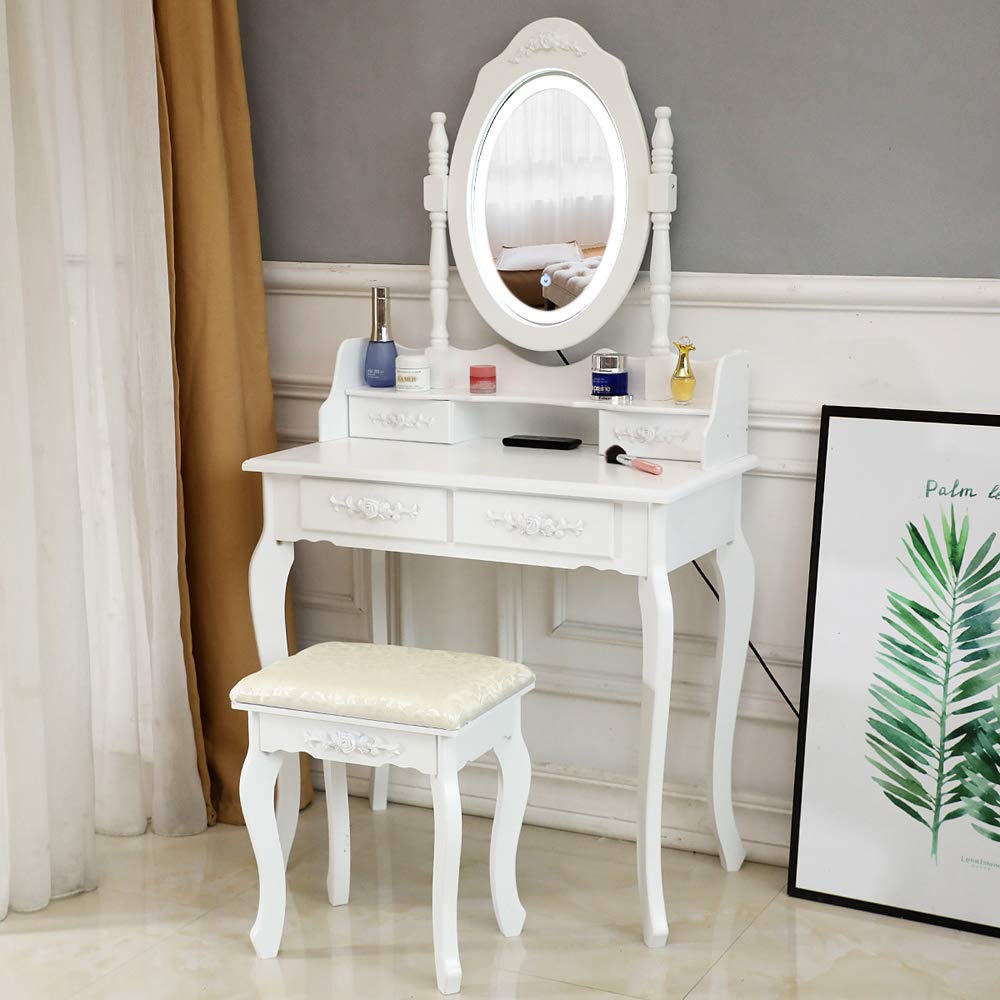 Stylish HOMEN Vanity Table Set with LED Mirror & 4 Drawers - Perfect for Bedroom Makeup Dressing & Beauty Organization