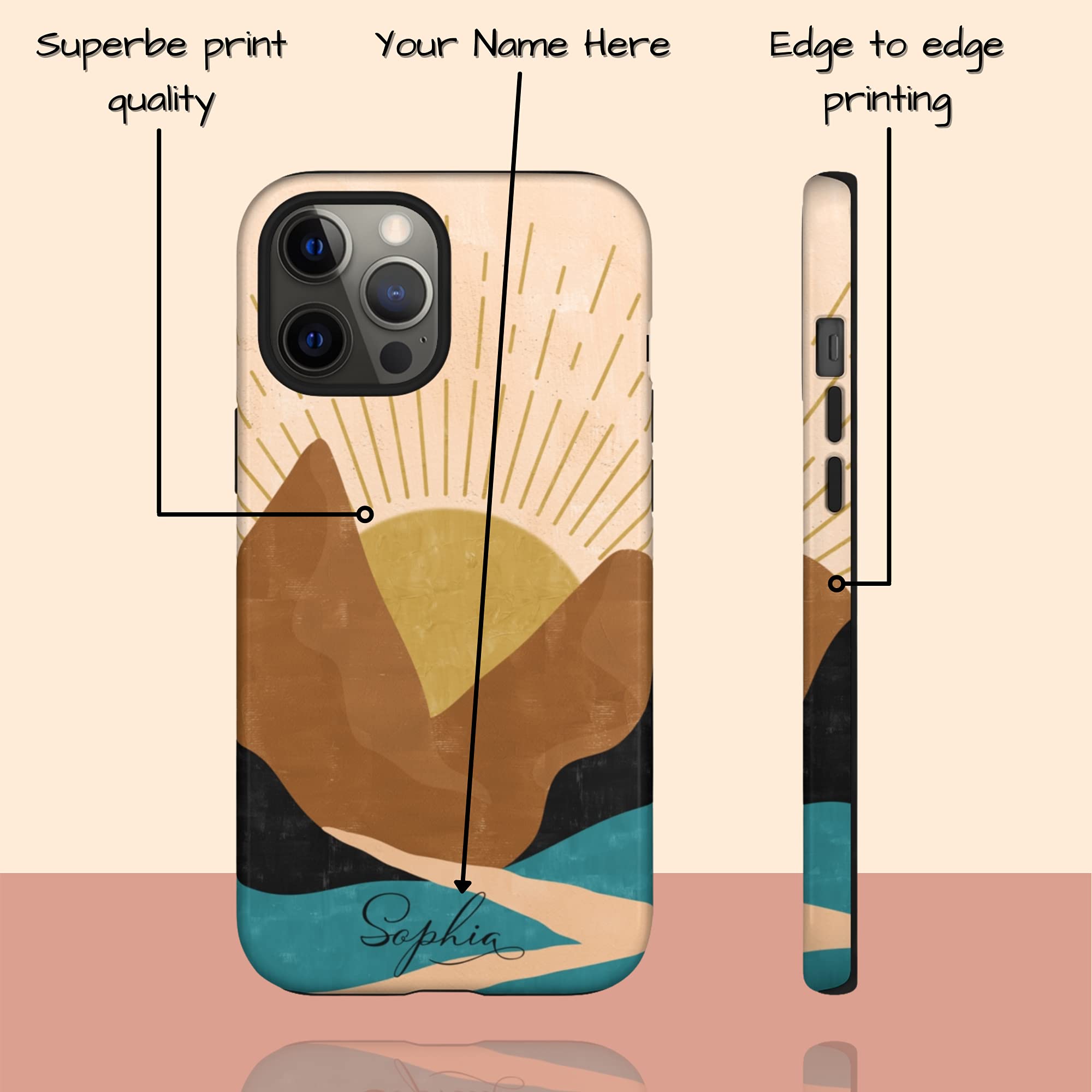 Custom Rising Sun Landscape iPhone Case - Personalized Name Phone Cover for iPhone 16 Plus/15 Pro Max/14/13 Mini/12/11/X/XS Max/XR/7/8 - Durable Orange Protective Case - Perfect for Outdoor Adventures & Daily Use